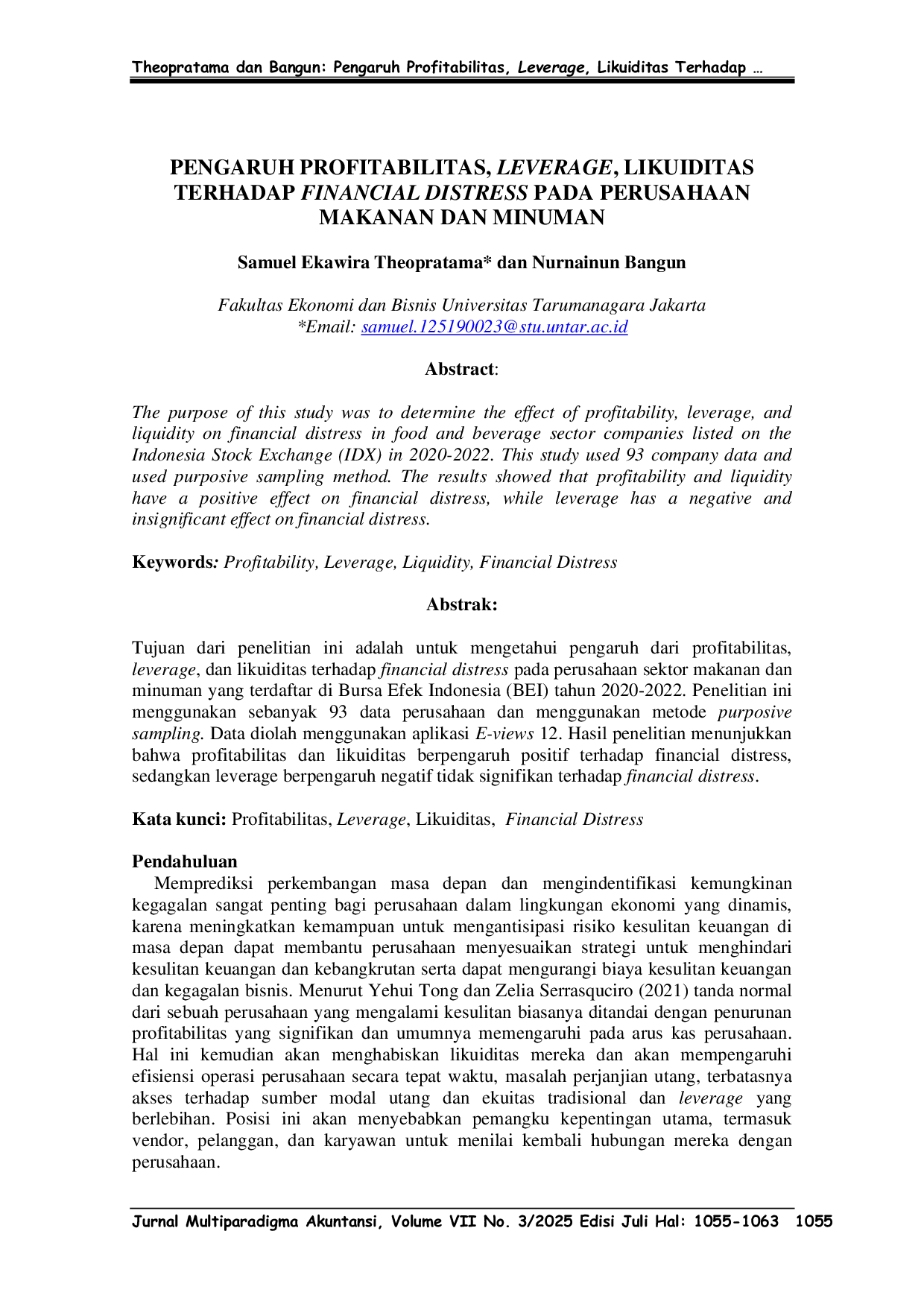 JURIS Pengaruh Profitabilitas Leverage Likuiditas Terhadap Financial Distress Pada Perusahaan Makanan dan Minuman