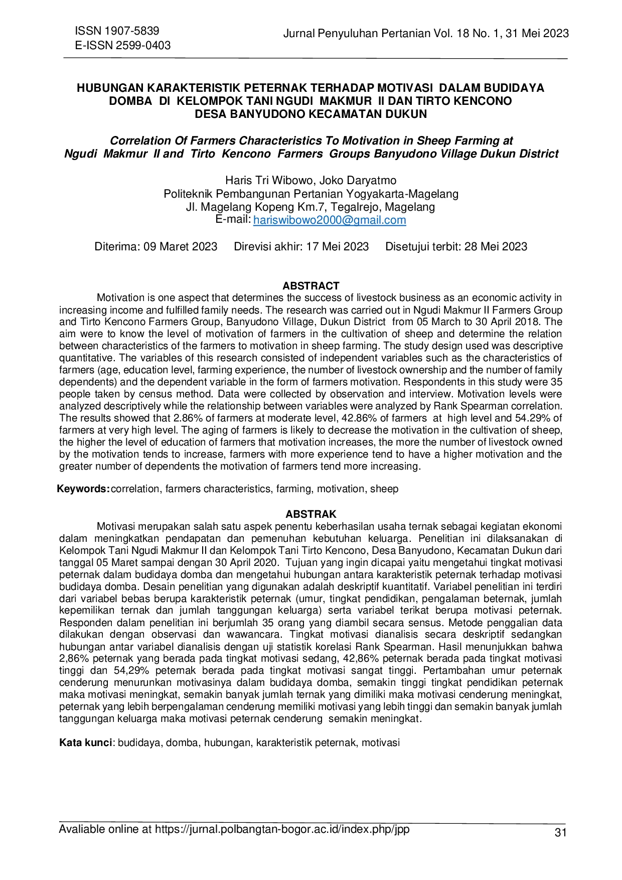 JURIS Correlation of Farmers Characteristics to Motivation in Sheep Farming at Ngudi Makmur II and Tirto Kencono Farmers Groups Banyudono Village Dukun District
