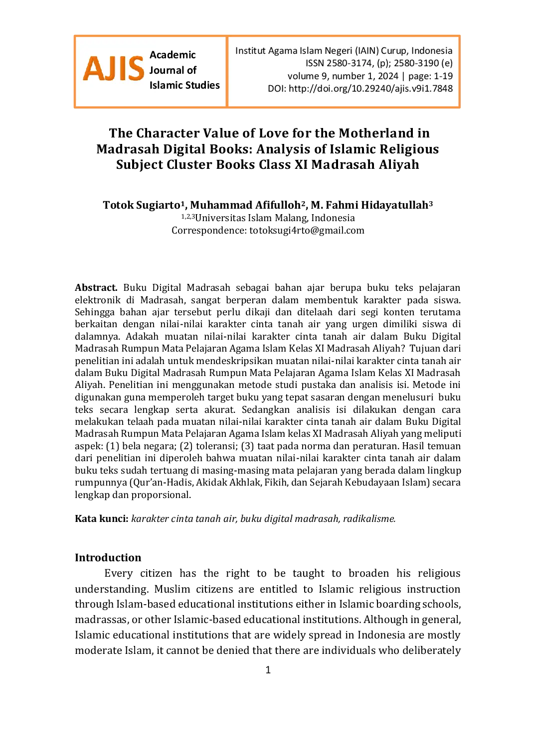 JURIS The Character Value of Love for the Motherland in Madrasah Digital Books Analysis of Islamic Religious Subject Cluster Books Class XI Madrasah Aliyah