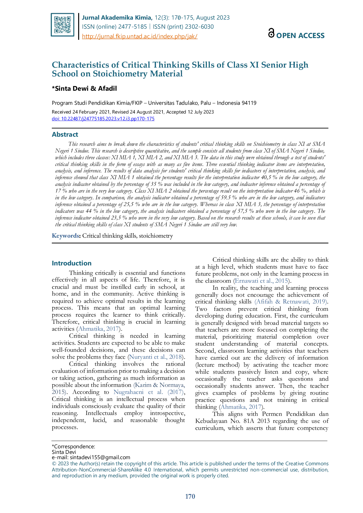 JURIS Karakteristik Kemampuan Berpikir Kritis Siswa Kelas XI SMA pada Materi Stoikiometri