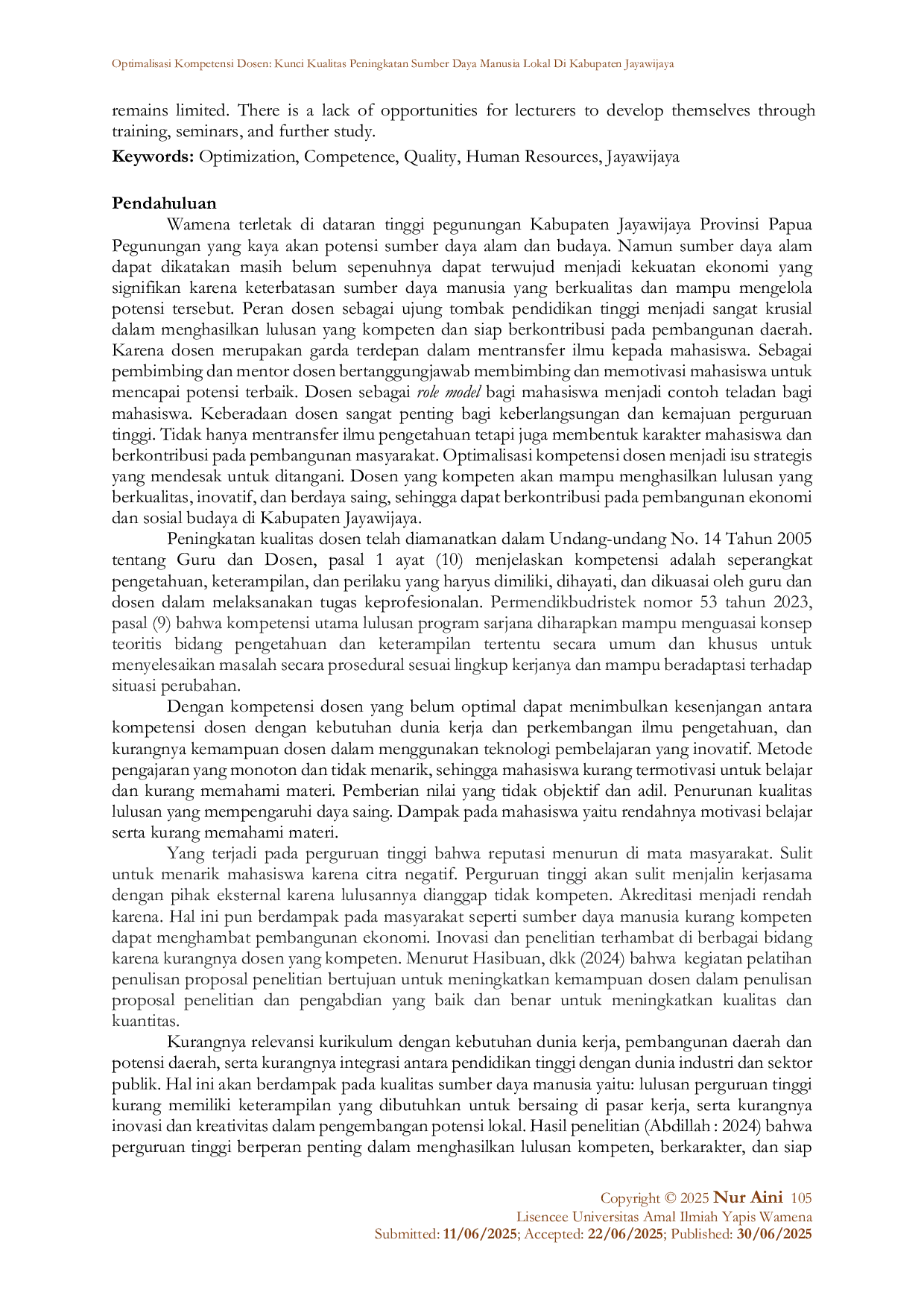 JURIS Optimalisasi Kompetensi Dosen Kunci Kualitas Peningkatan Sumber Daya Manusia Lokal Di Kabupaten Jayawijaya