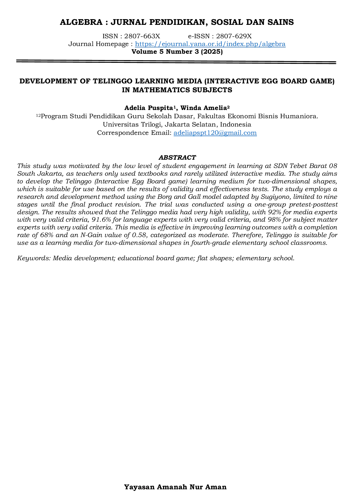 JURIS Development Of Telinggo Learning Media Interactive Egg Board Game In Mathematics Subjects