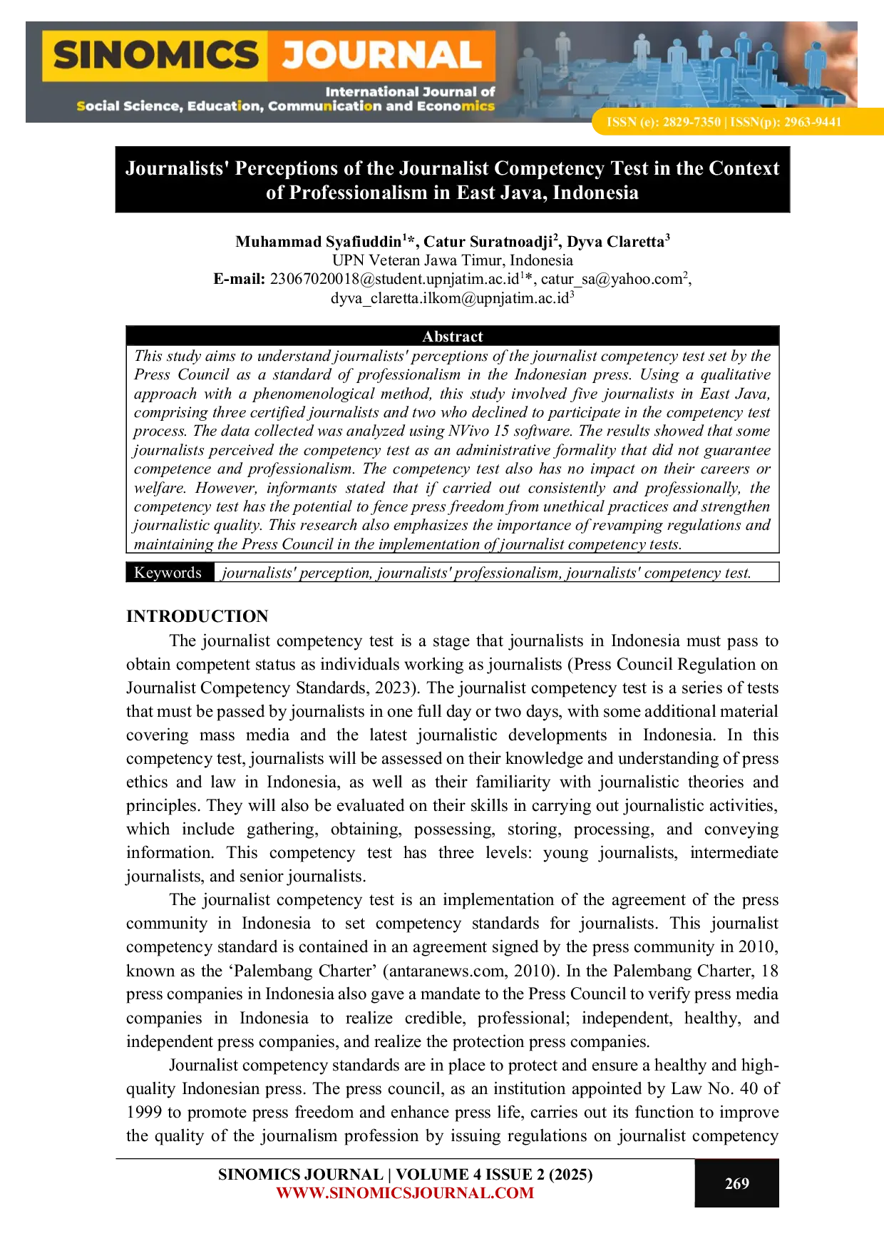 JURIS Journalists Perceptions of the Journalist Competency Test in the Context of Professionalism in East Java Indonesia