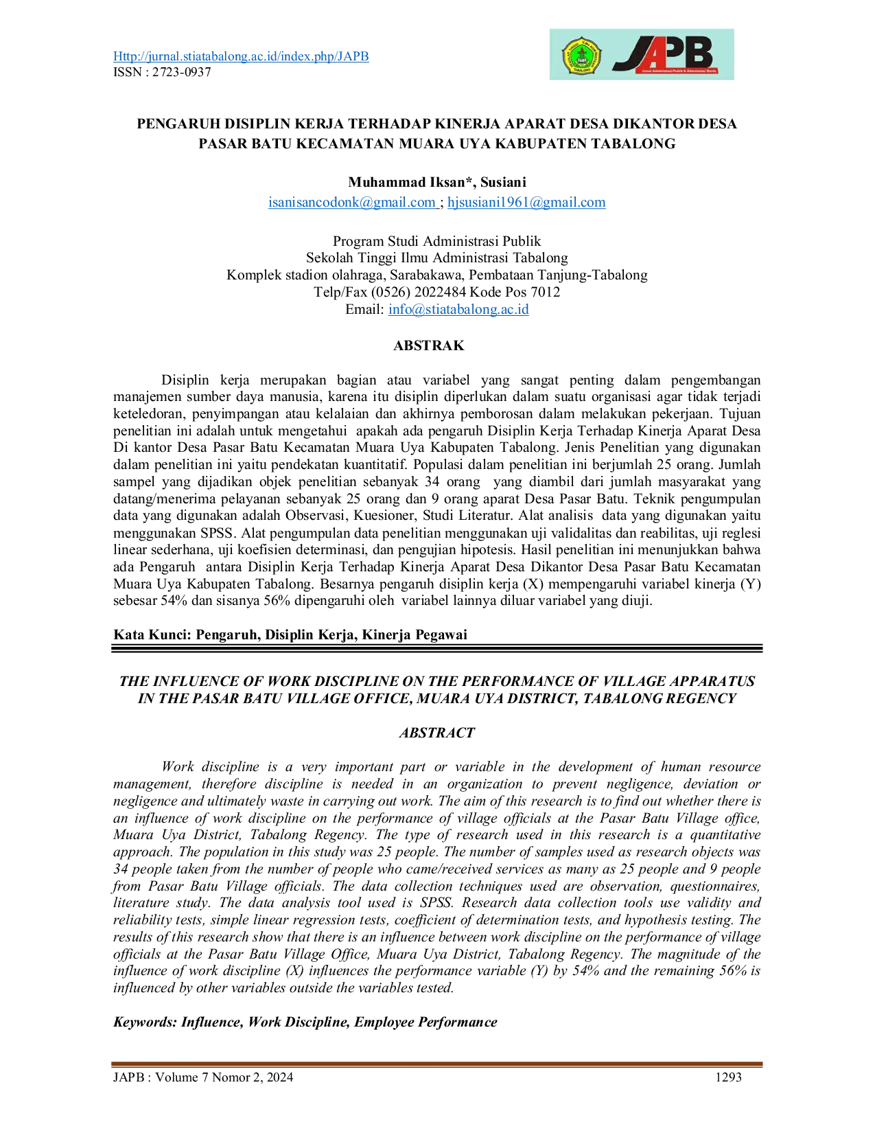 JURIS Pengaruh Disiplin Kerja Terhadap Kinerja Aparat Desa Dikantor Desa Pasar Batu Kecamatan Muara Uya Kabupaten Tabalong