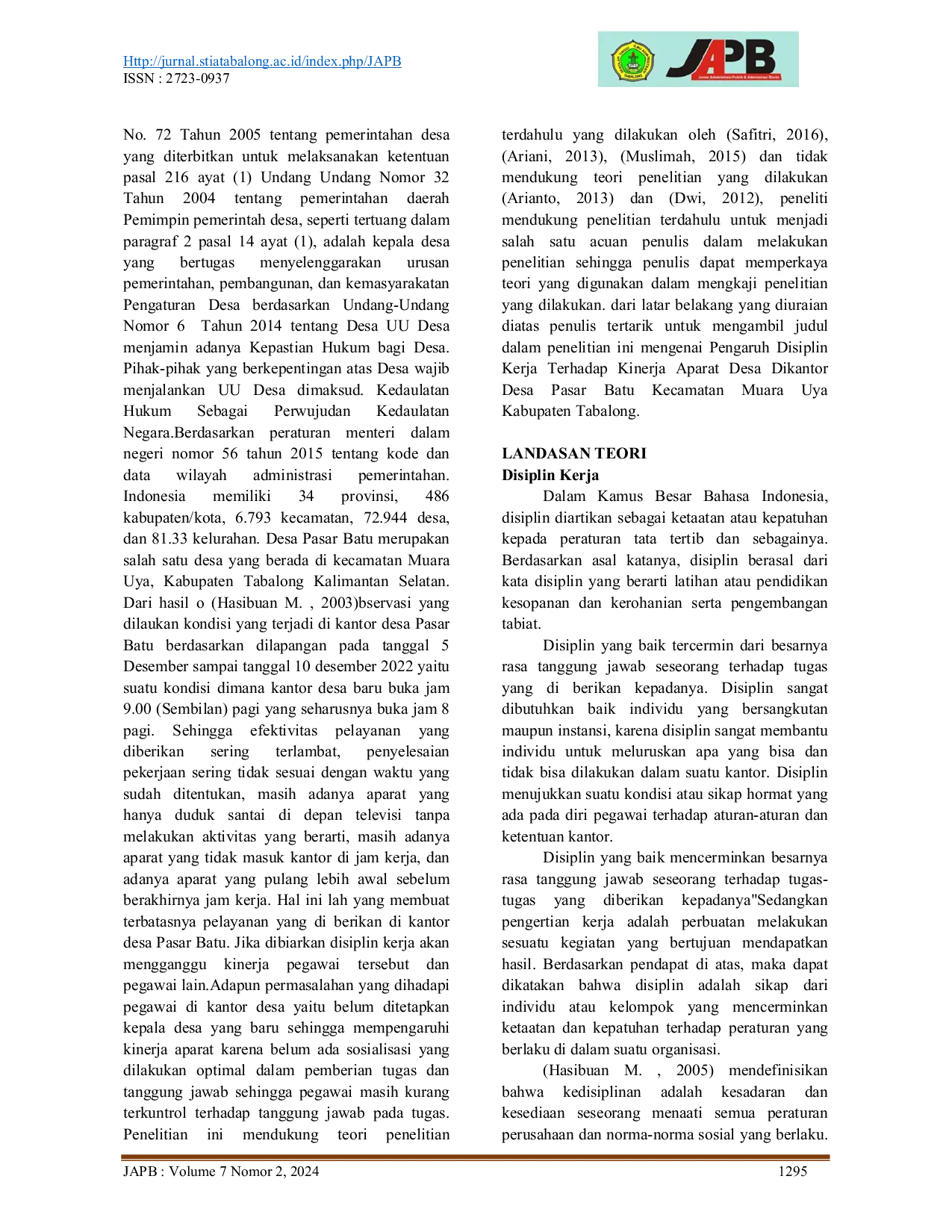JURIS Pengaruh Disiplin Kerja Terhadap Kinerja Aparat Desa Dikantor Desa Pasar Batu Kecamatan Muara Uya Kabupaten Tabalong