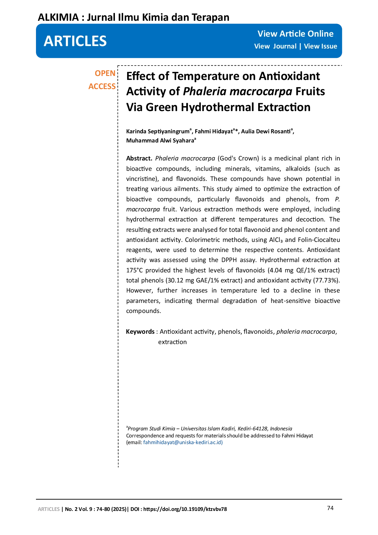 JURIS Effect of Hydrothermal Extraction Temperature on Antioxidant Activity of Phaleria Macrocarpa
