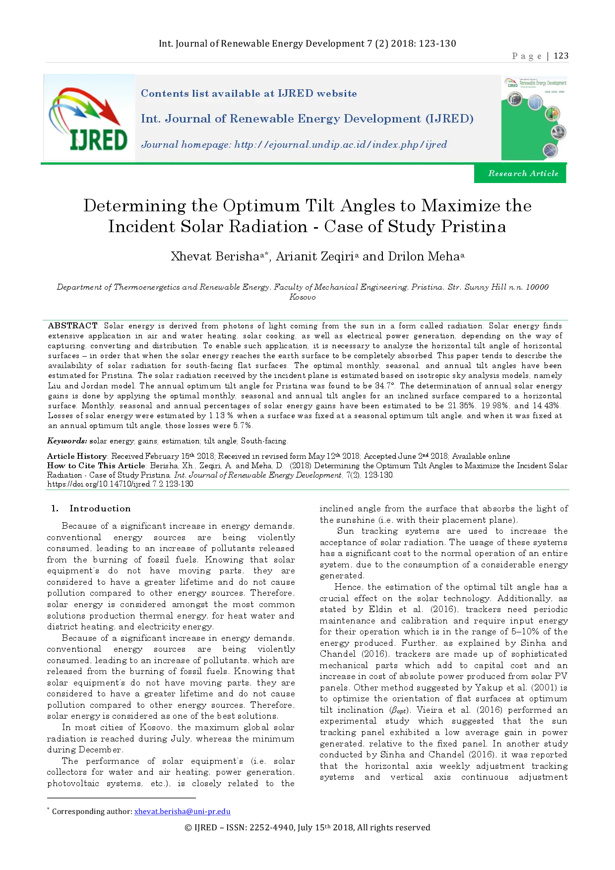 juris Determining the Optimum Tilt Angles to Maximize the Incident Solar Radiation Case of Study Pristina