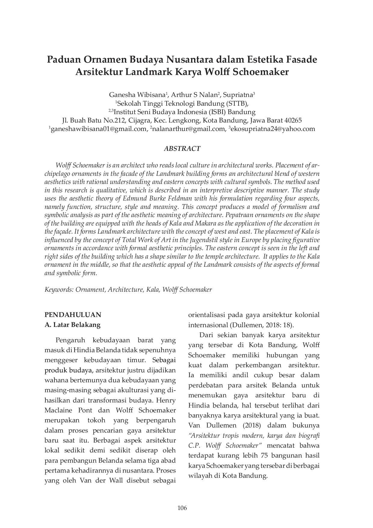 JURIS Paduan Ornamen Budaya Nusantara dalam Estetika Fasade Arsitektur Landmark Karya Wolff Schoemaker