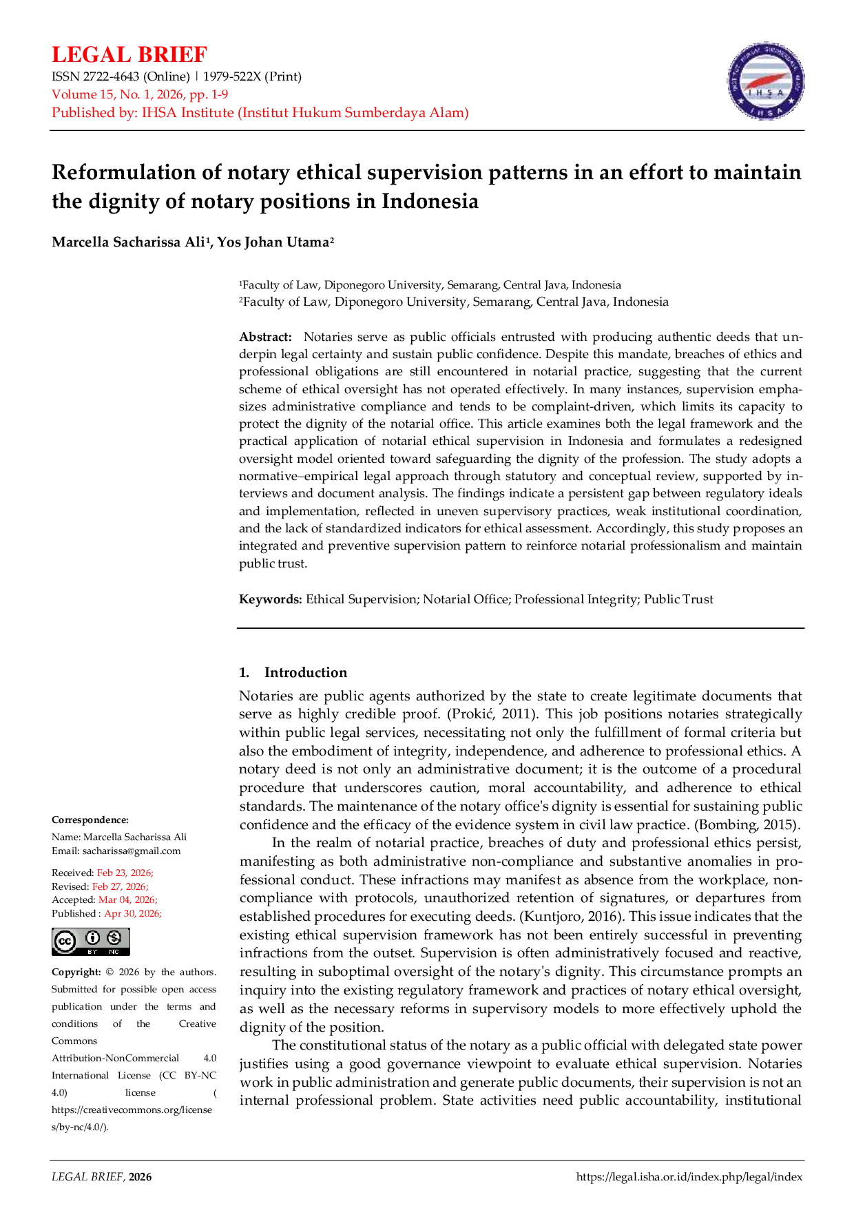 JURIS Reformulasi Pola Pengawasan Etika Notaris dalam Upaya Mempertahankan Martabat Jabatan Notaris di Indonesia