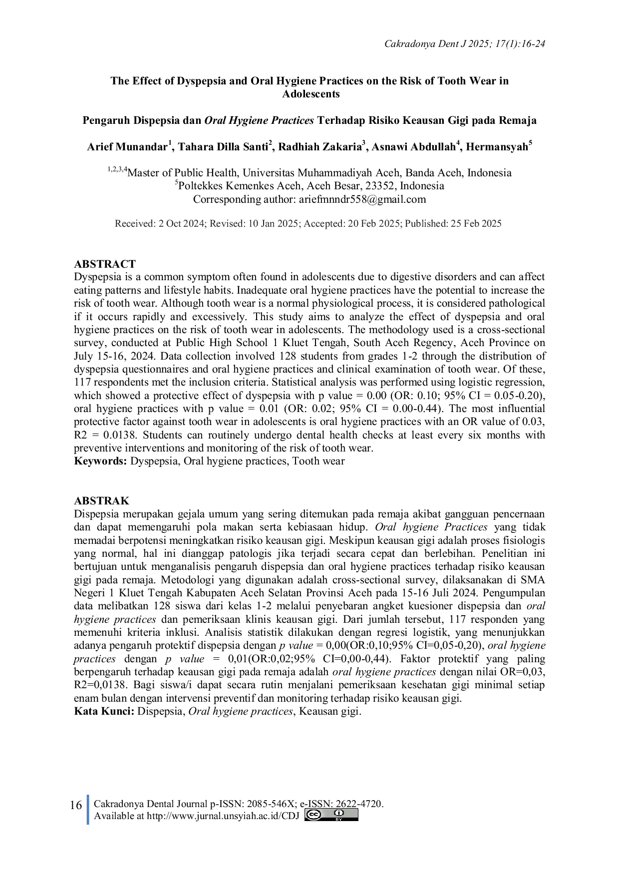 JURIS The Effect of Dyspepsia and Oral Hygiene Practices on the Risk of Tooth Wear in Adolescents