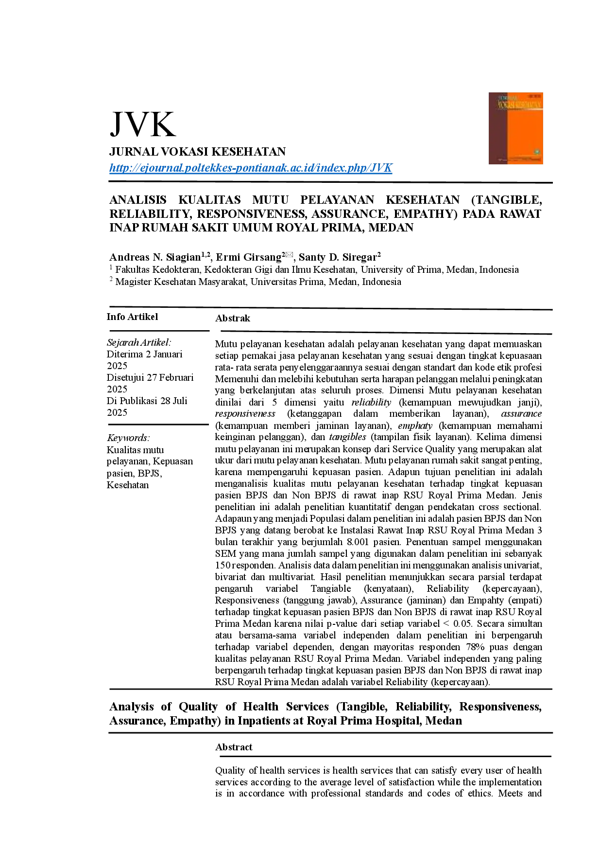 juris Analysis of the Quality of Health Services Tangible Reliability Responsiveness Assurance Empathy in Inpatients at Royal Prima General Hospital Medan