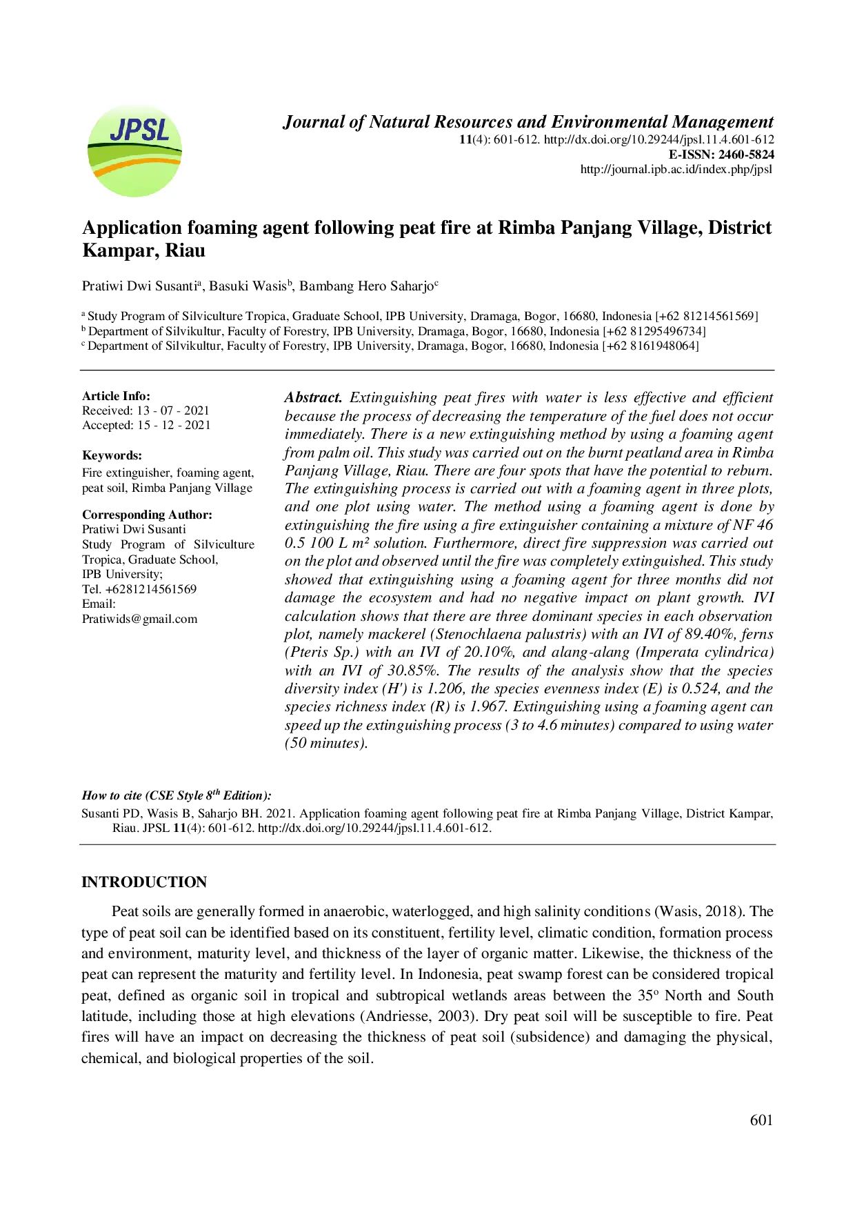juris Dampak Aplikasi Foaming Agent pada Tanah Gambut Bekas Terbakar di Desa Rimba Panjang Kabupaten Kampar Provinsi Riau