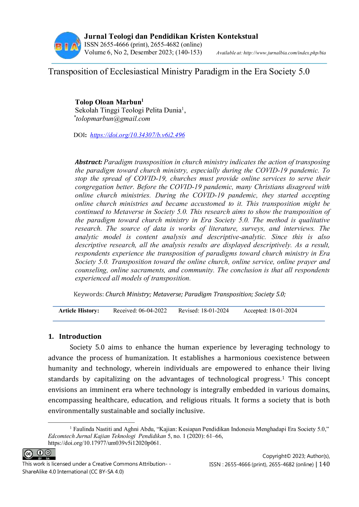 JURIS Transposition of Ecclesiastical Ministry Paradigm in the Era Society 5 0
