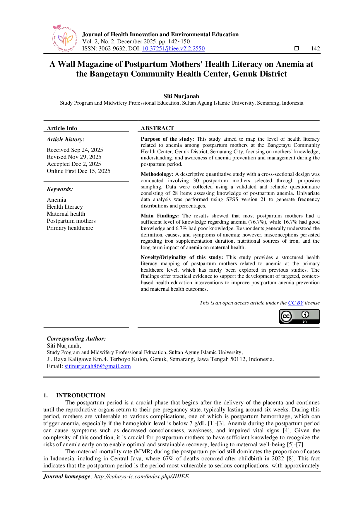 JURIS A Wall Magazine of Postpartum Mothers Health Literacy on Anemia at the Bangetayu Community Health Center Genuk District