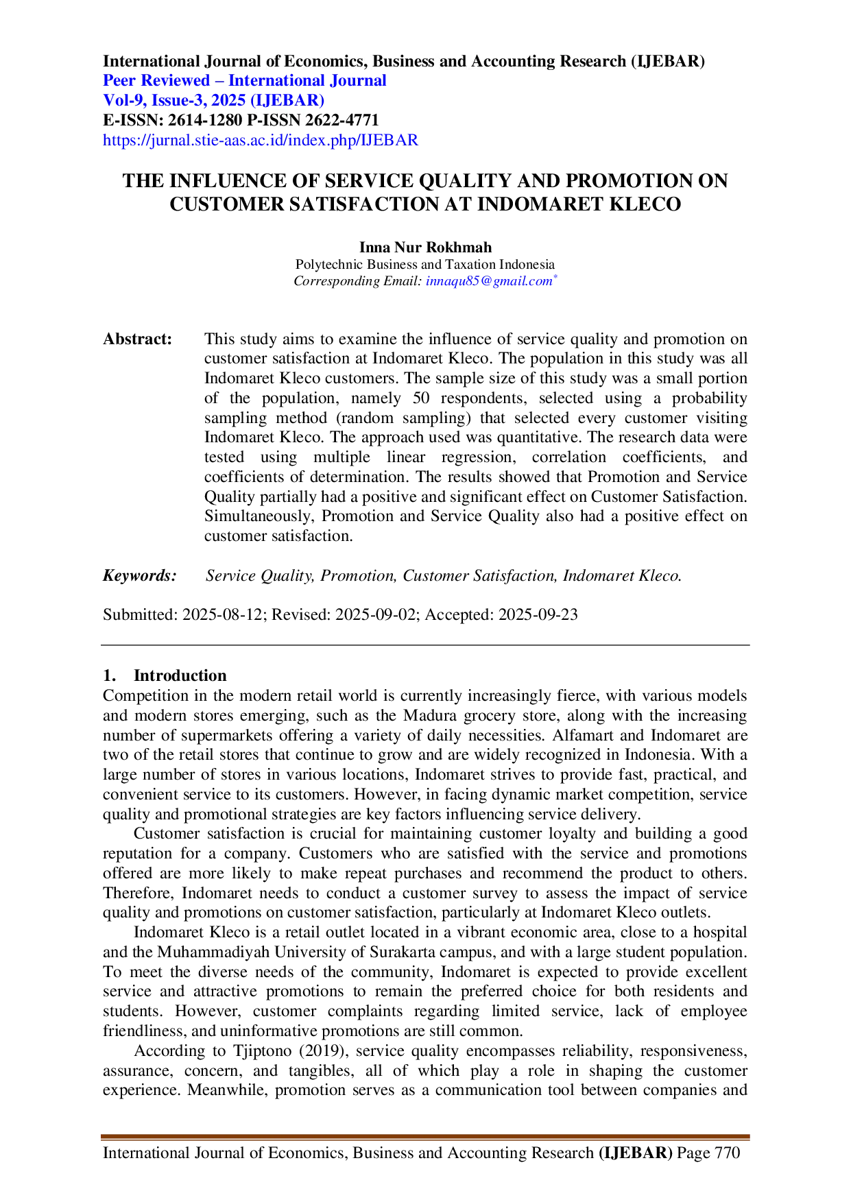 JURIS The Influence of Service Quality and Promotion on Customer Satisfaction at Indomaret Kleco