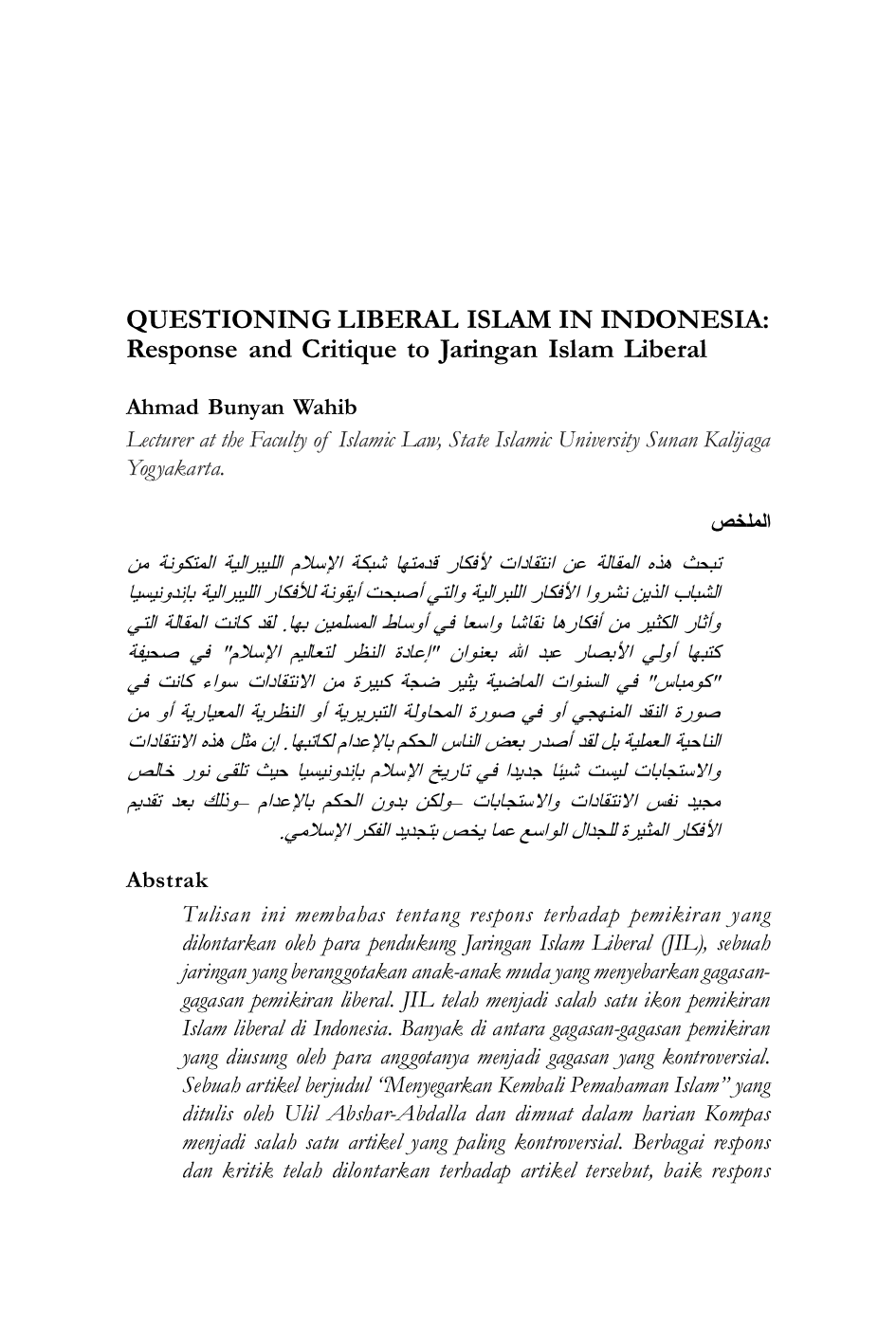 JURIS Questioning Liberal Islam in Indonesia Response and Critique to Jaringan Islam Liberal