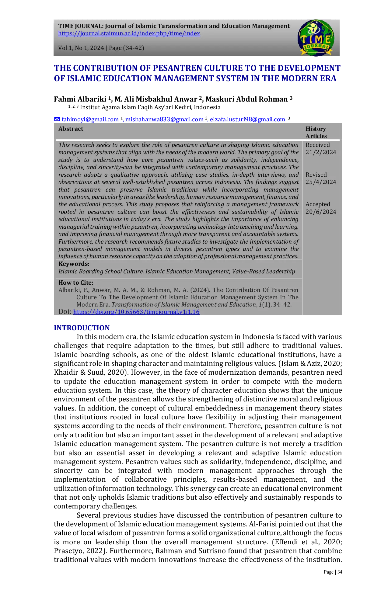 JURIS The Contribution Of Pesantren Culture To The Development Of Islamic Education Management System In The Modern Era