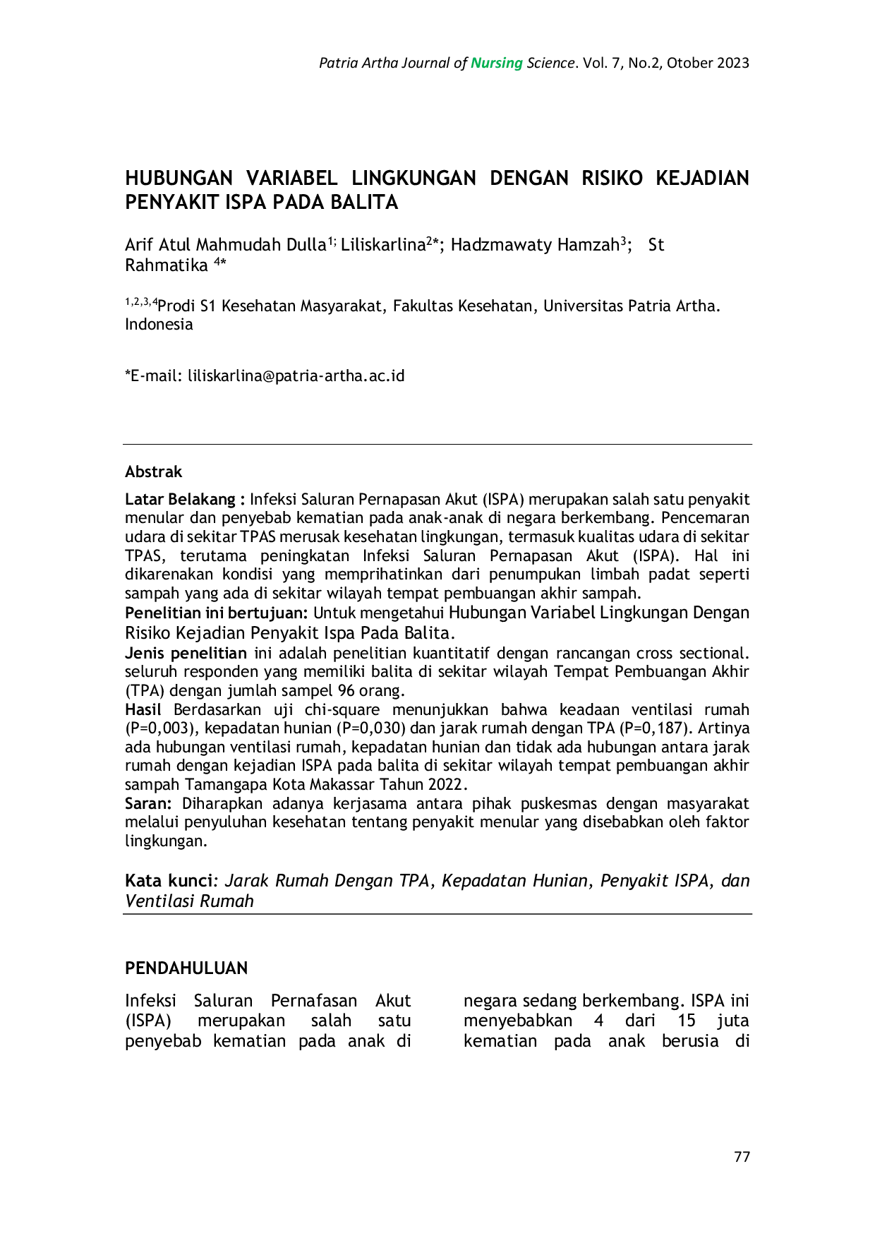 JURIS Hubungan Variabel Lingkungan dengan Risiko Kejadian Penyakit ISPA pada Balita