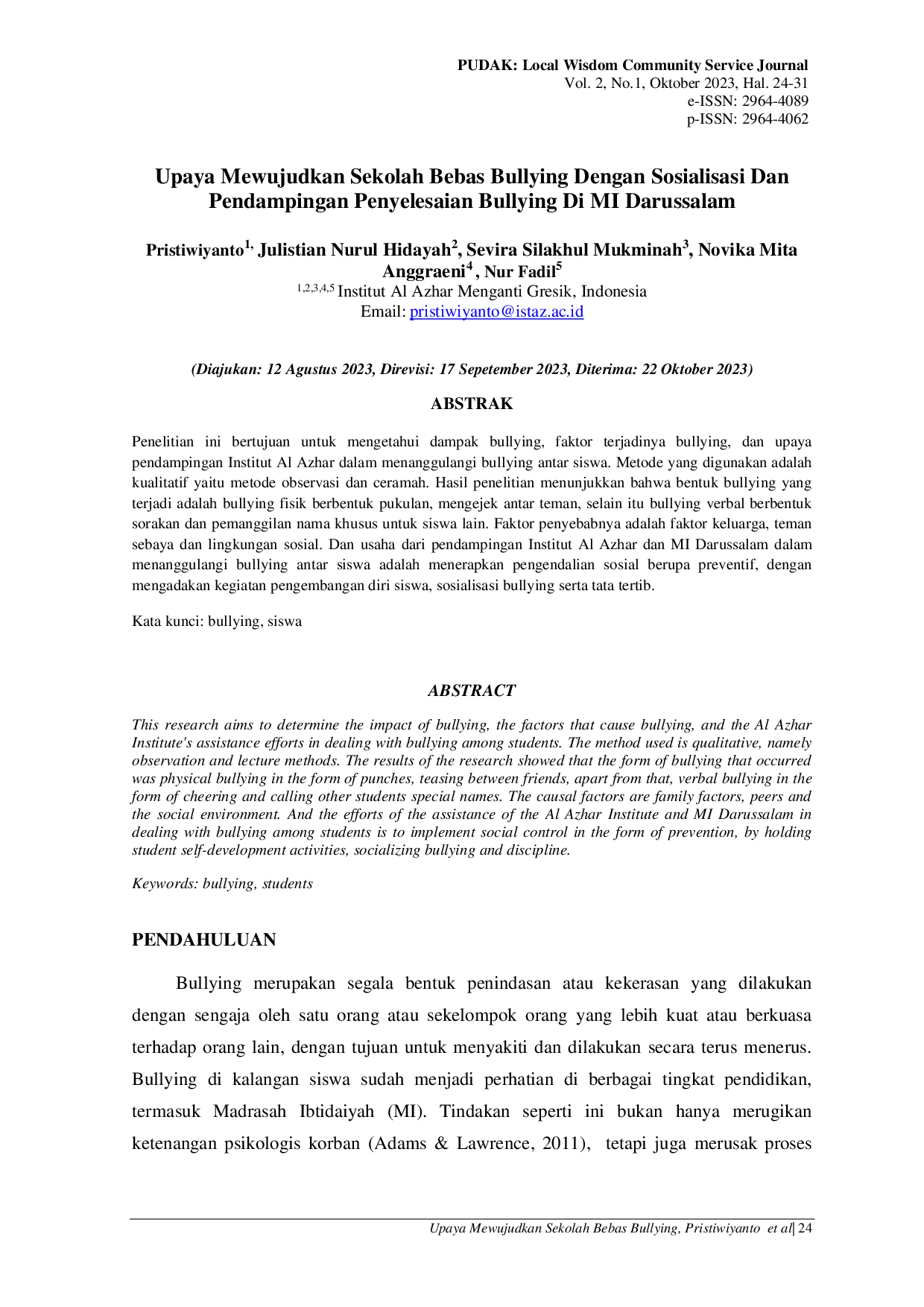 JURIS Upaya Mewujudkan Sekolah Bebas Bullying Dengan Sosialisasi Dan Pendampingan Penyelesaian Bullying Di MI Darussalam