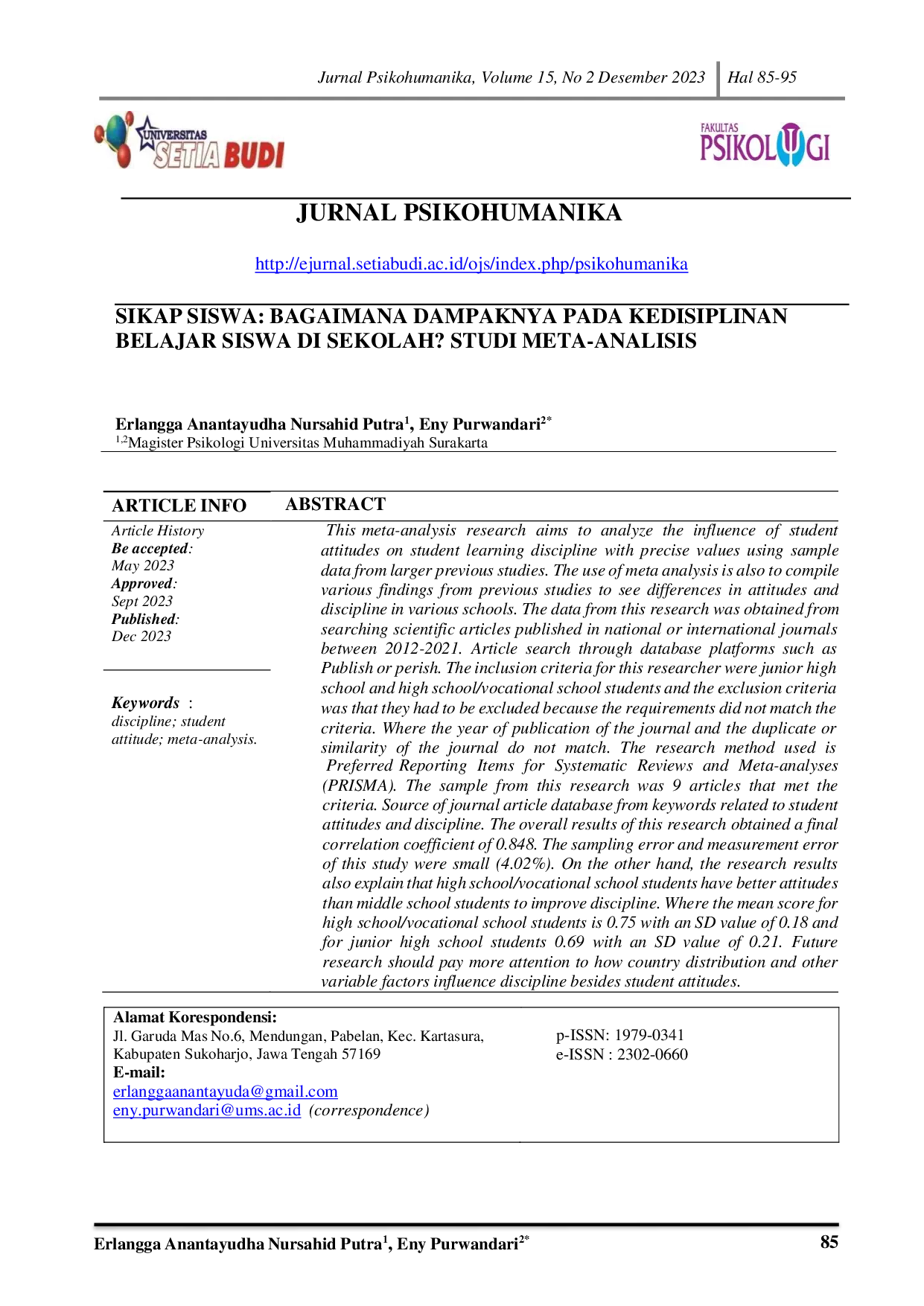 JURIS Sikap Siswa Bagaimana Dampaknya Pada Kedisiplinan Belajar Siswa Di Sekolah Studi Meta Analisis