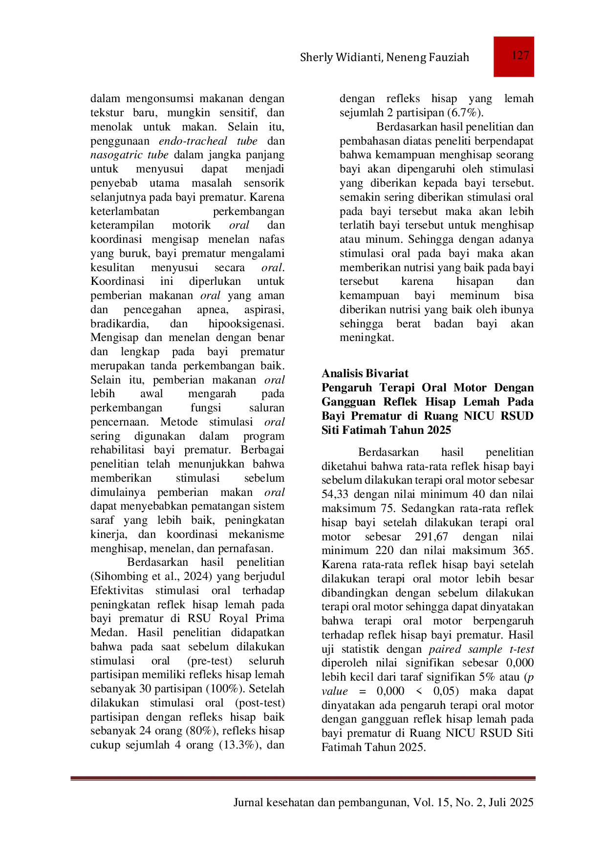 JURIS Pengaruh Terapi Oral Motor Dengan Gangguan Reflek Hisap Lemah Pada Bayi Prematur