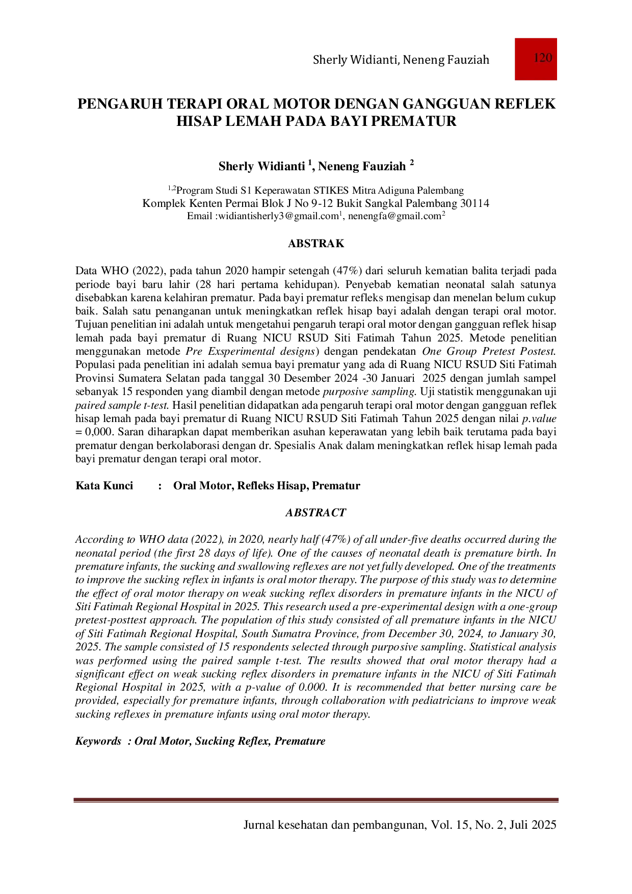 JURIS Pengaruh Terapi Oral Motor Dengan Gangguan Reflek Hisap Lemah Pada Bayi Prematur