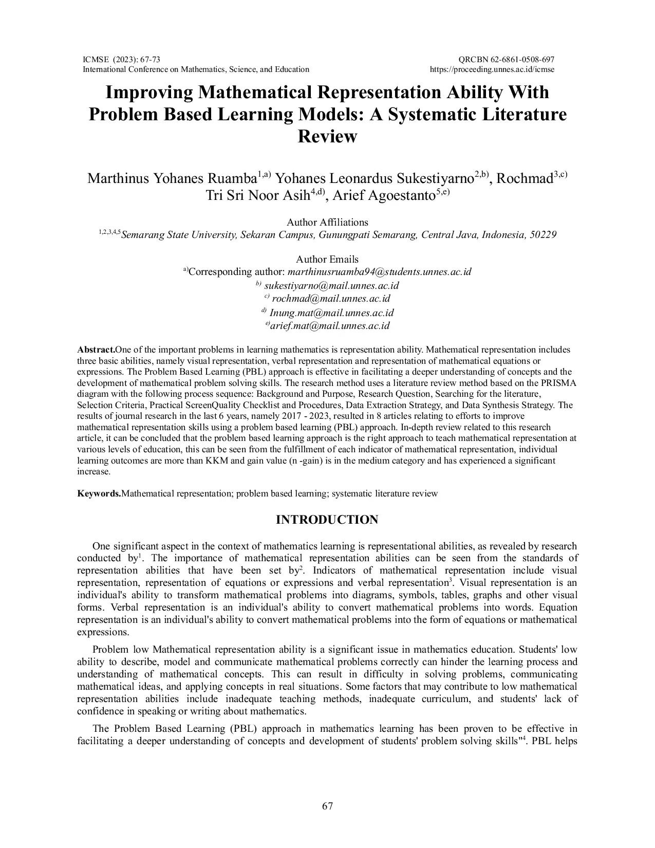 JURIS Improving Mathematical Representation Ability With Problem Based Learning Models A Systematic Literature Review