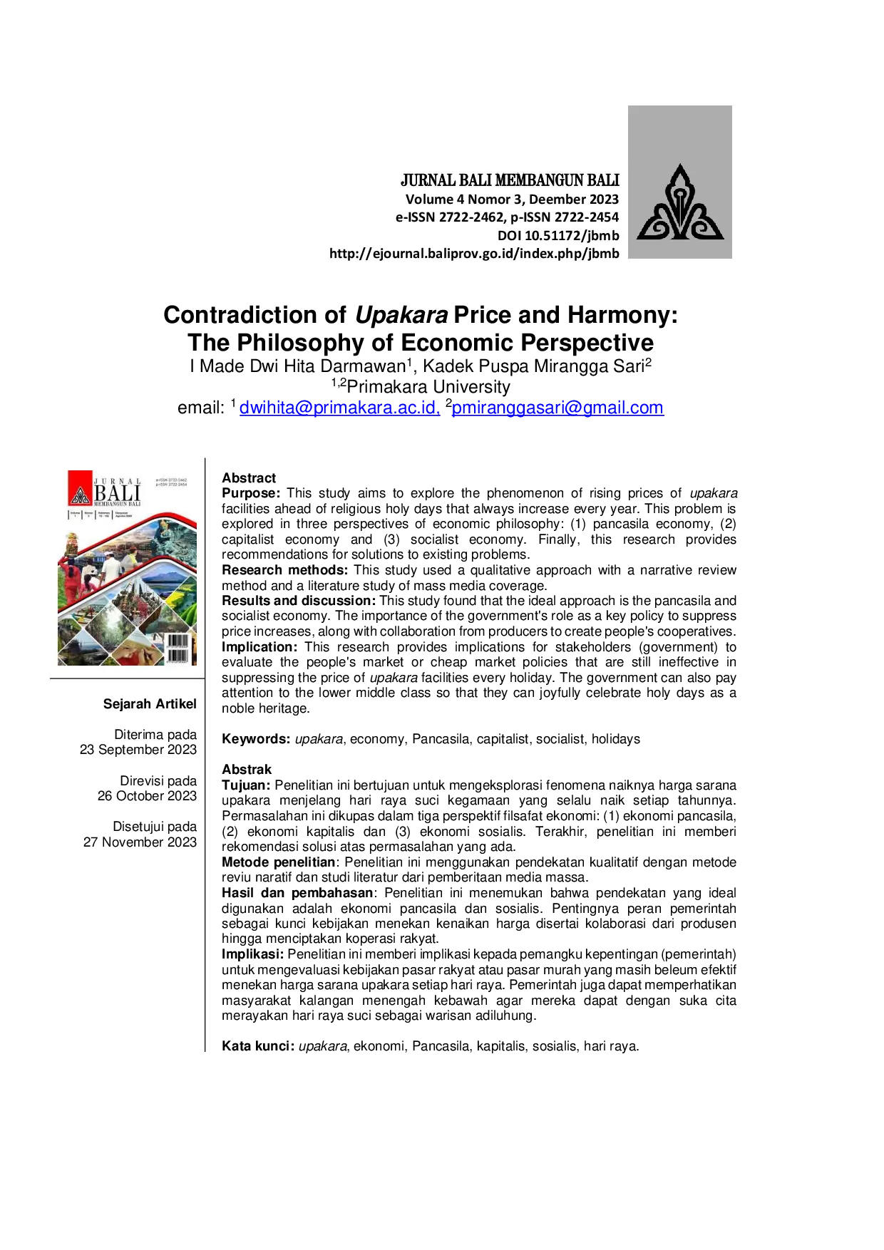 JURIS Contradiction of Upakara Price and Harmony The Philosophy of Economic Perspective