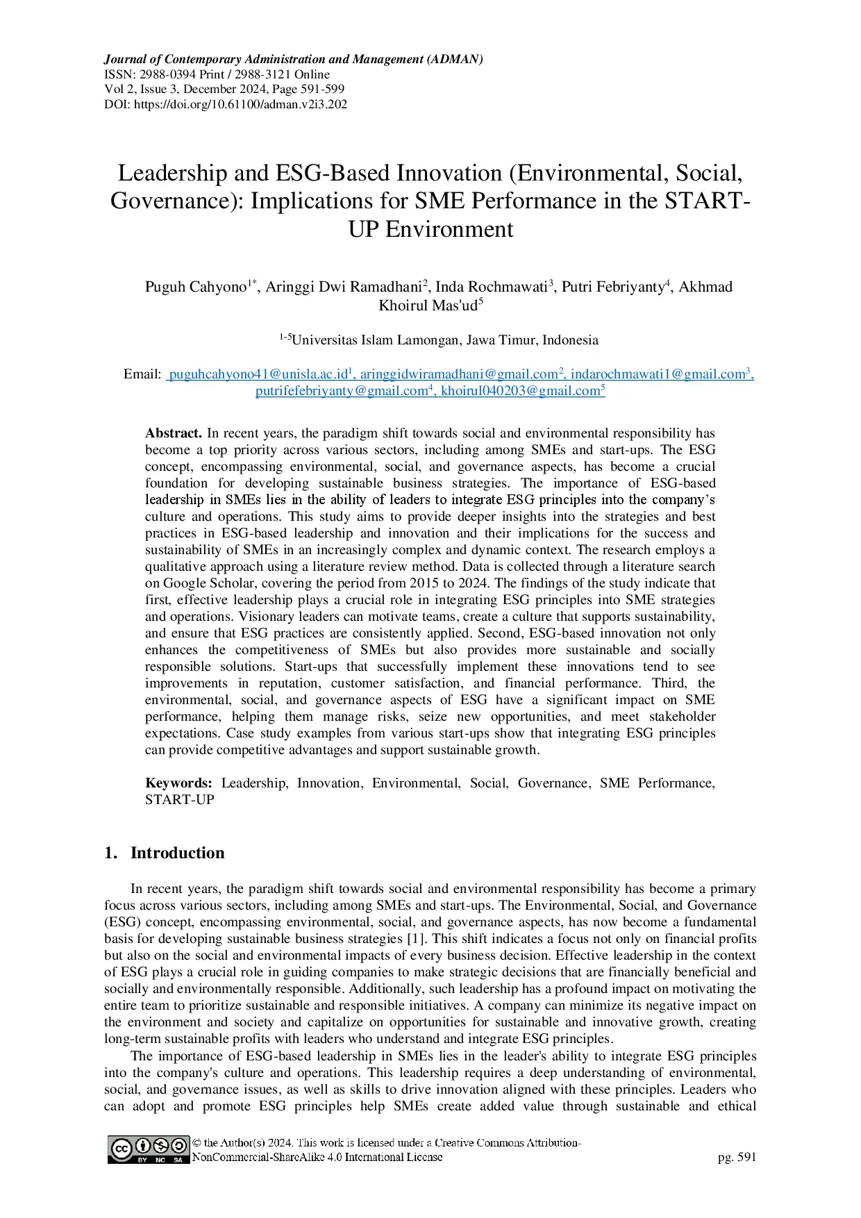 juris Leadership and ESG Based Innovation Environmental Social Governance Implications for SME Performance in the START UP Environment