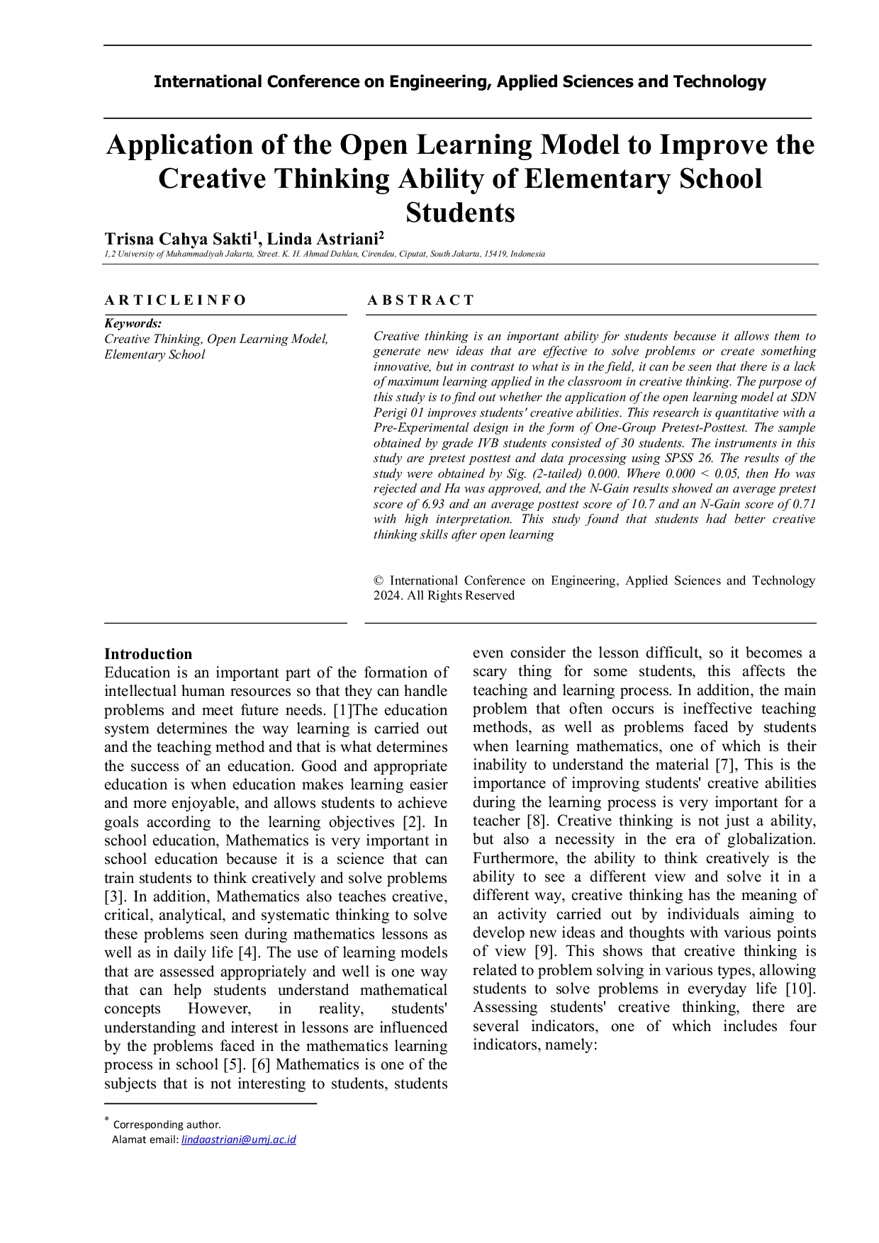 JURIS Application of the Open Learning Model to Improve the Creative Thinking Ability of Elementary School Students