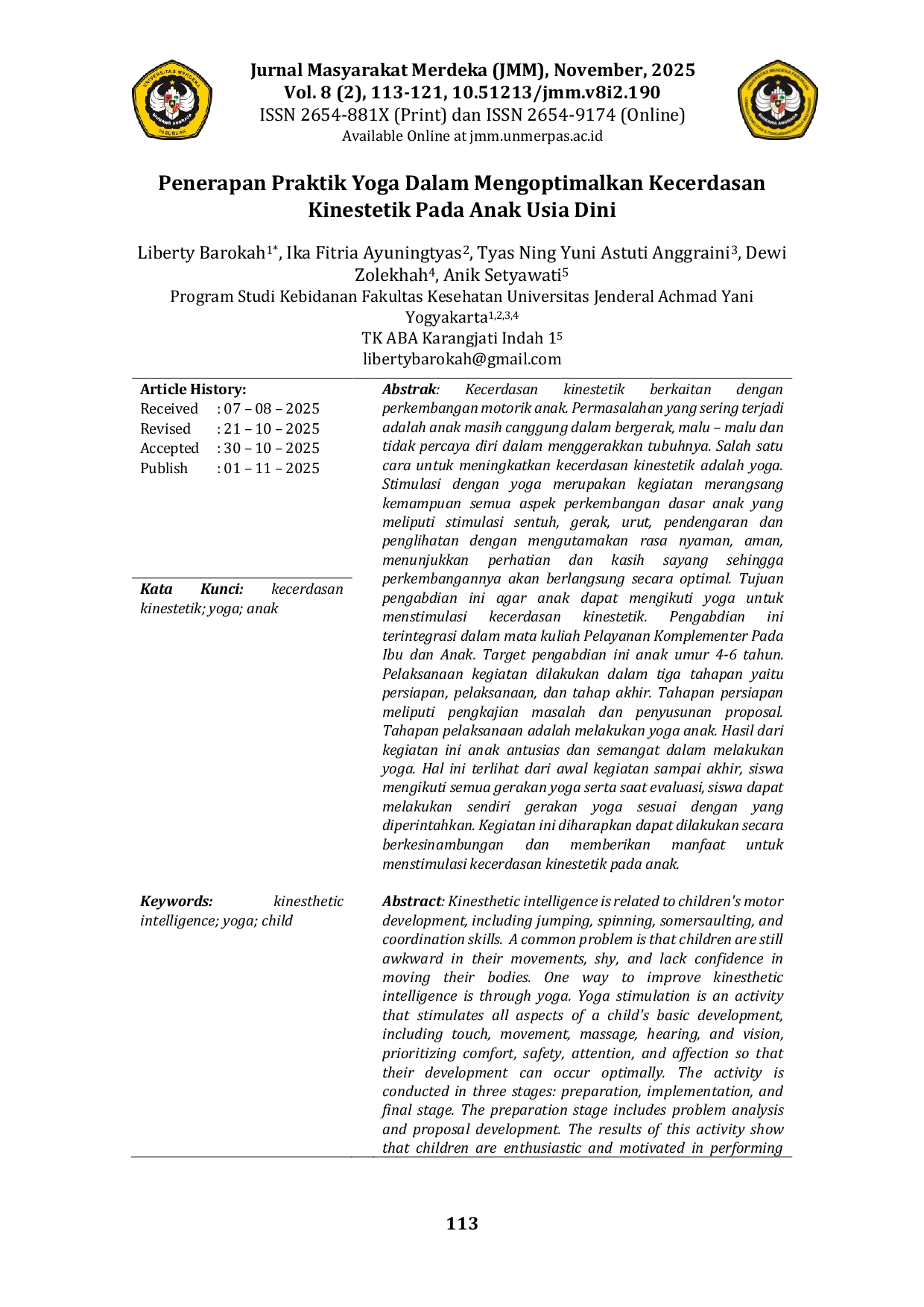 JURIS Penerapan Praktik Yoga Dalam Mengoptimalkan Kecerdasan Kinestetik Pada Anak Usia Dini