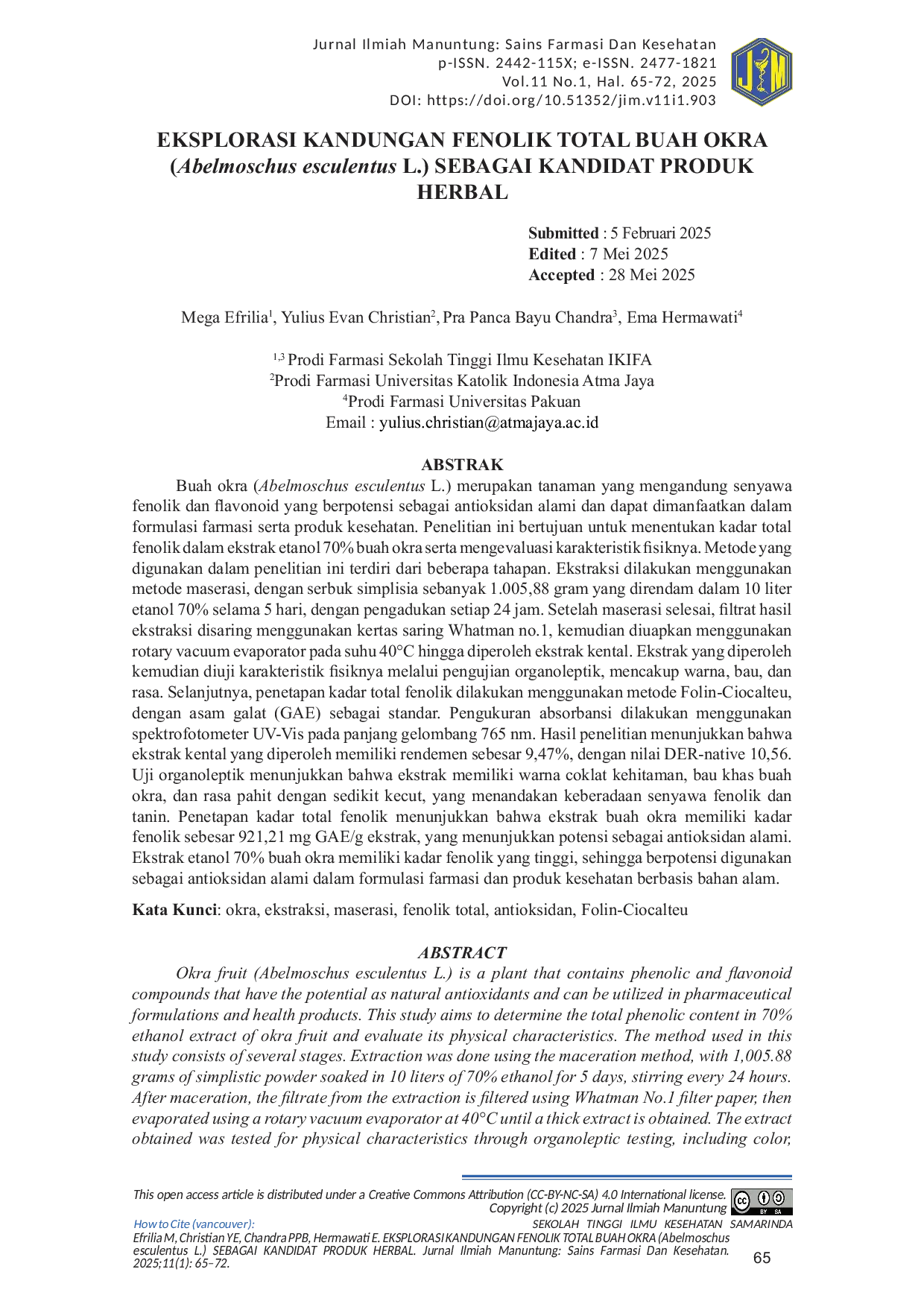 JURIS EKSPLORASI KANDUNGAN FENOLIK TOTAL BUAH OKRA Abelmoschus esculentus L SEBAGAI KANDIDAT PRODUK HERBAL