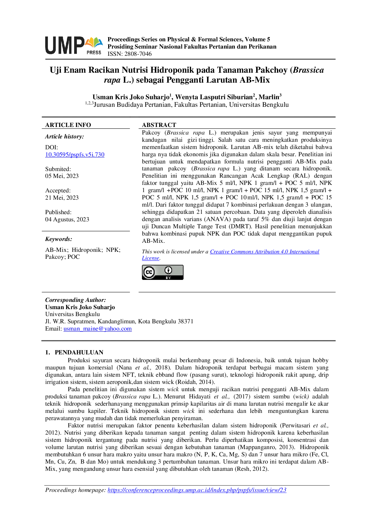 JURIS Uji Enam Racikan Nutrisi Hidroponik pada Tanaman Pakchoy Brassica rapa L sebagai Pengganti Larutan AB Mix
