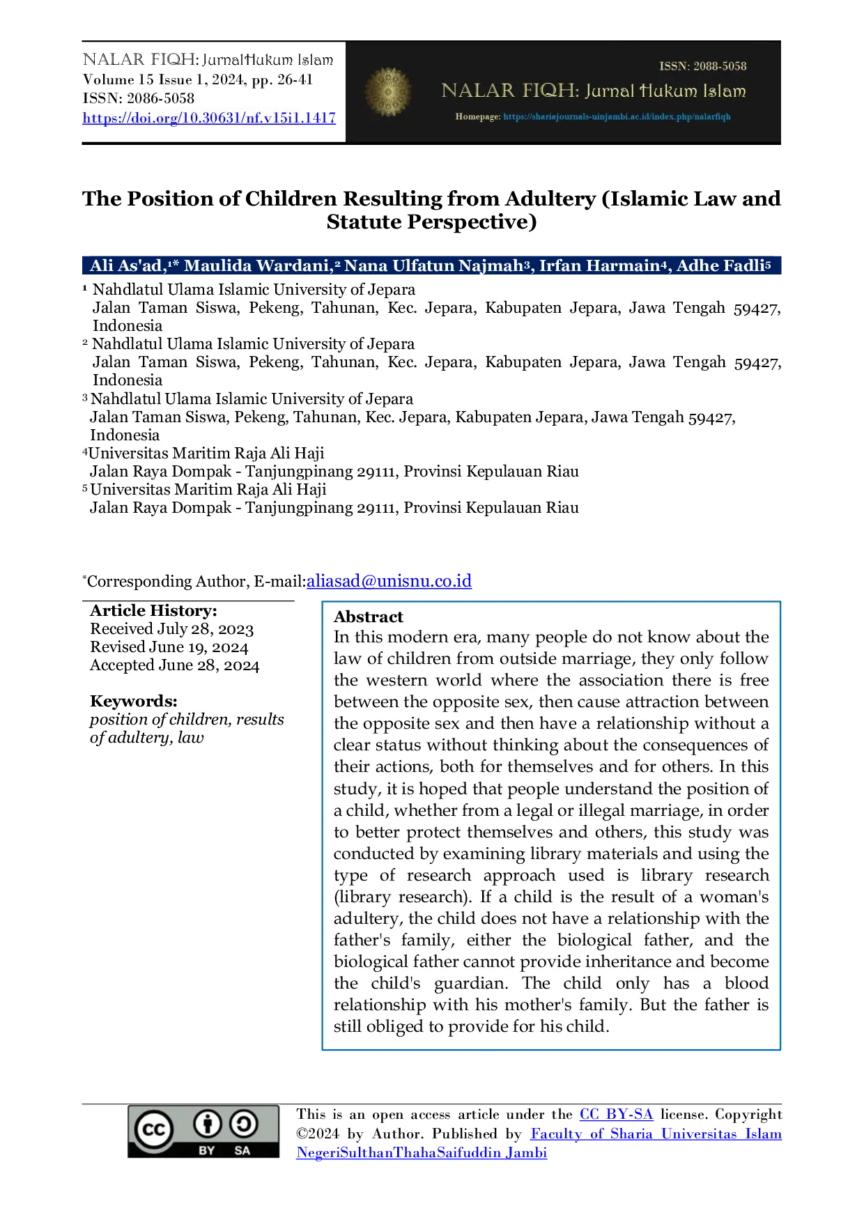 JURIS The Position of Children Resulting from Adultery Islamic Law and Statute Perspective