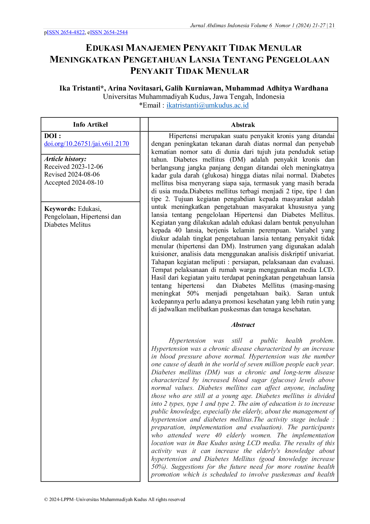 JURIS Edukasi Manajemen Penyakit Tidak Menular Meningkatkan Pengetahuan Lansia Tentang Pengelolaan Penyakit Tidak Menular