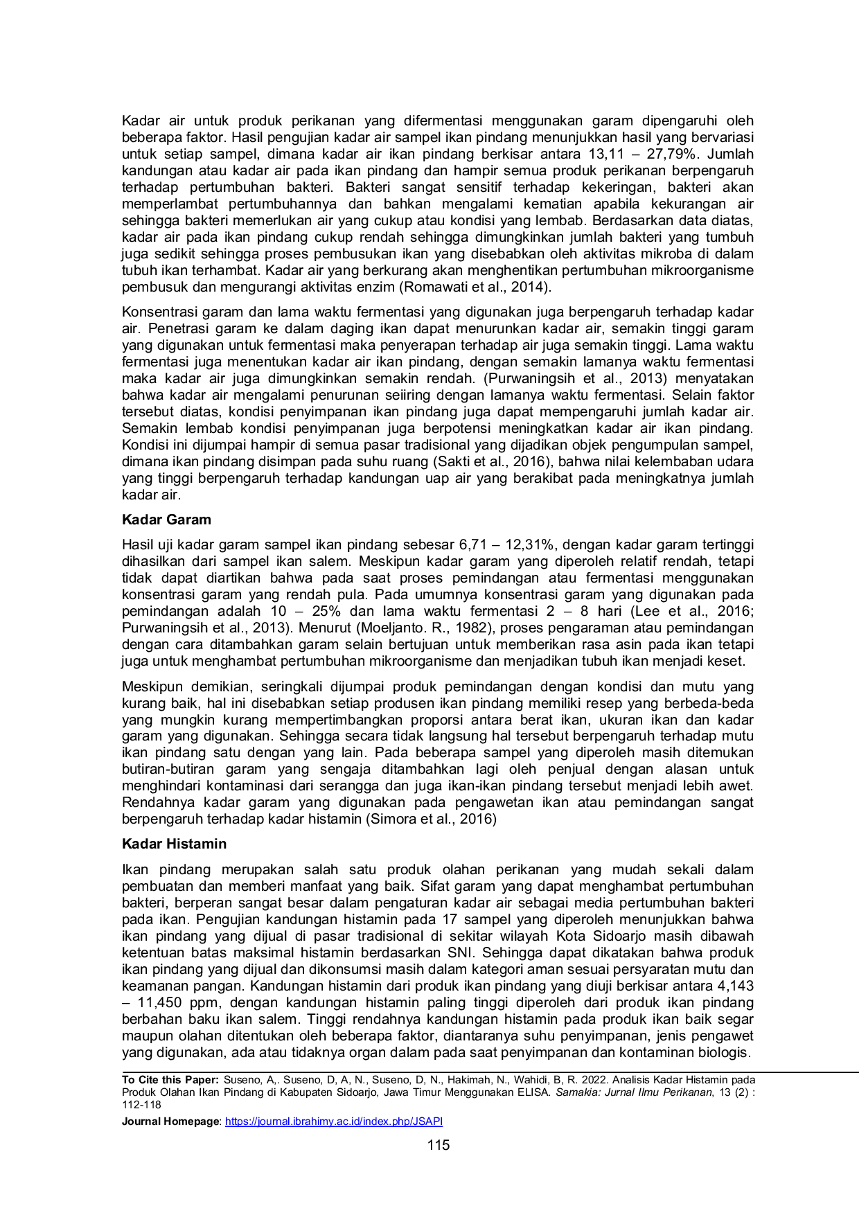 JURIS Analisis Kadar Histamin pada Produk Olahan Ikan Pindang di Kabupaten Sidoarjo Jawa Timur Menggunakan ELISA