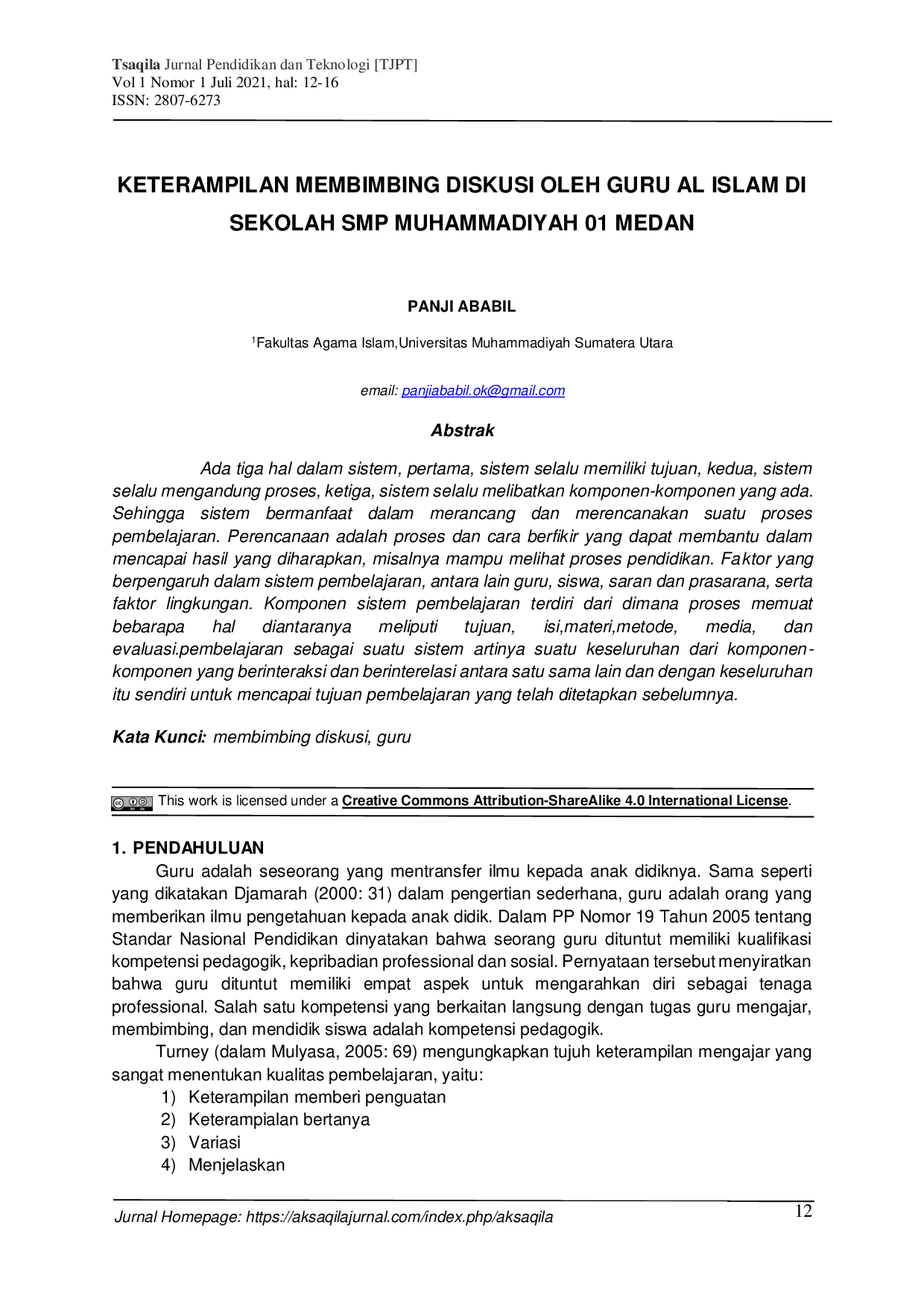JURIS Keterampilan Membimbing Diskusi Oleh Guru Al Islam Di Sekolah SMP Muhammadiyah 01 Medan