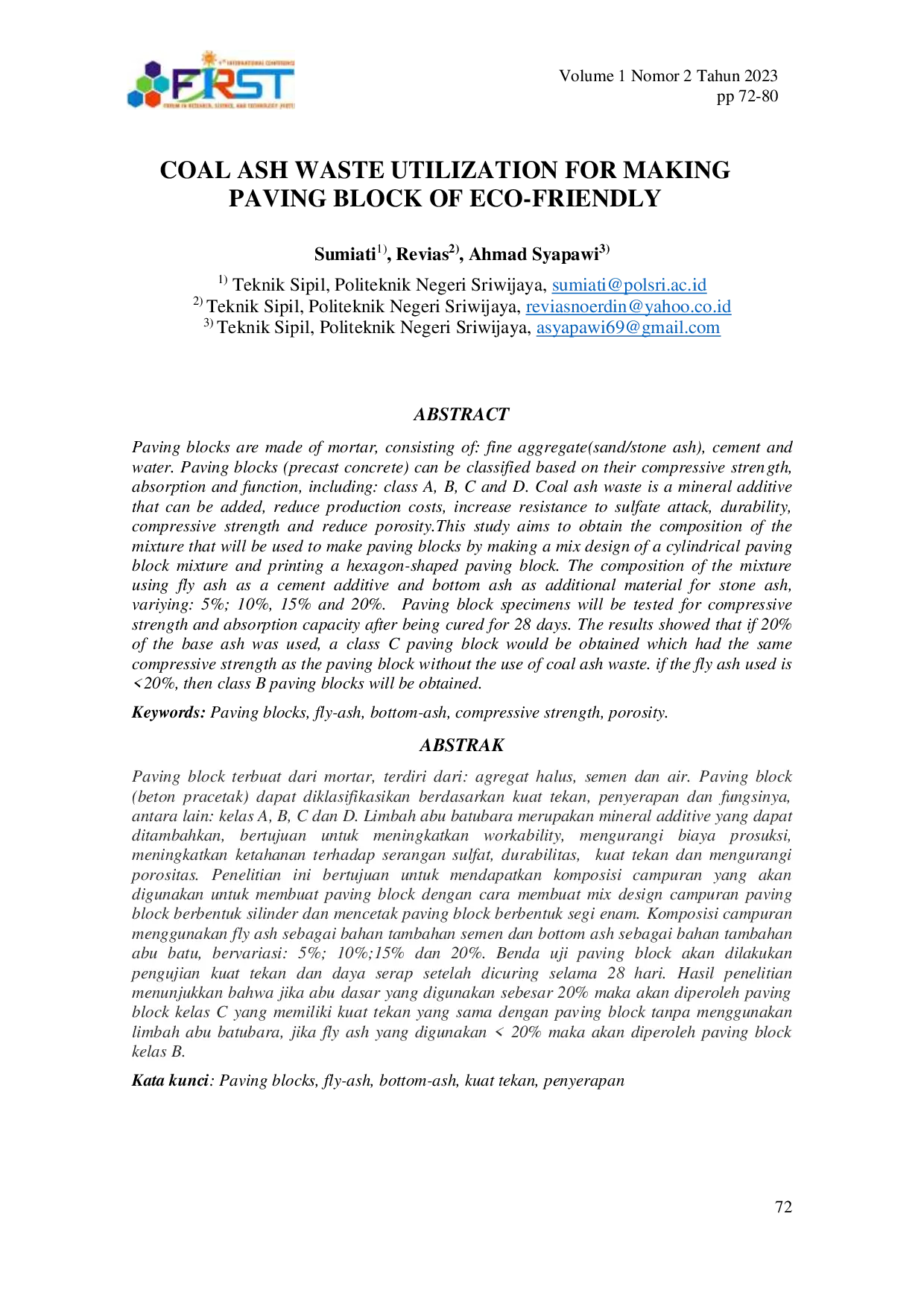 JURIS Coal Ash Waste Utilization for Making Paving Block of Eco Friendly