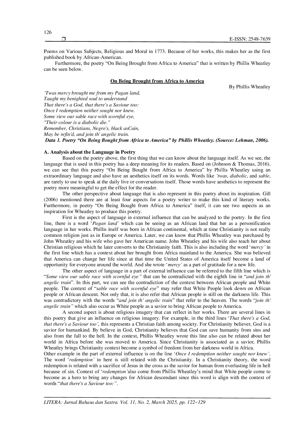 JURIS Language Context and Feminism Representation in Phillis Wheatley s Poetry A Study of On Being Brought From Africa to America