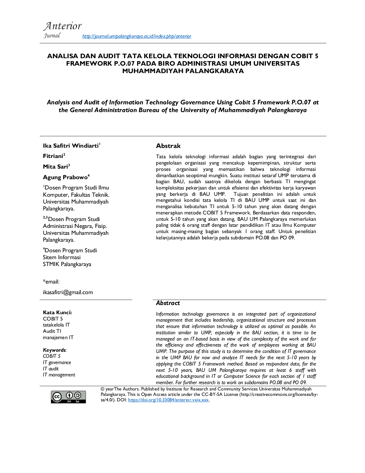 JURIS Analisa Dan Audit Tata Kelola Teknologi Informasi Dengan Cobit 5 Framework P O 07 Pada Biro Administrasi Umum Universitas Muhammadiyah Palangkaraya