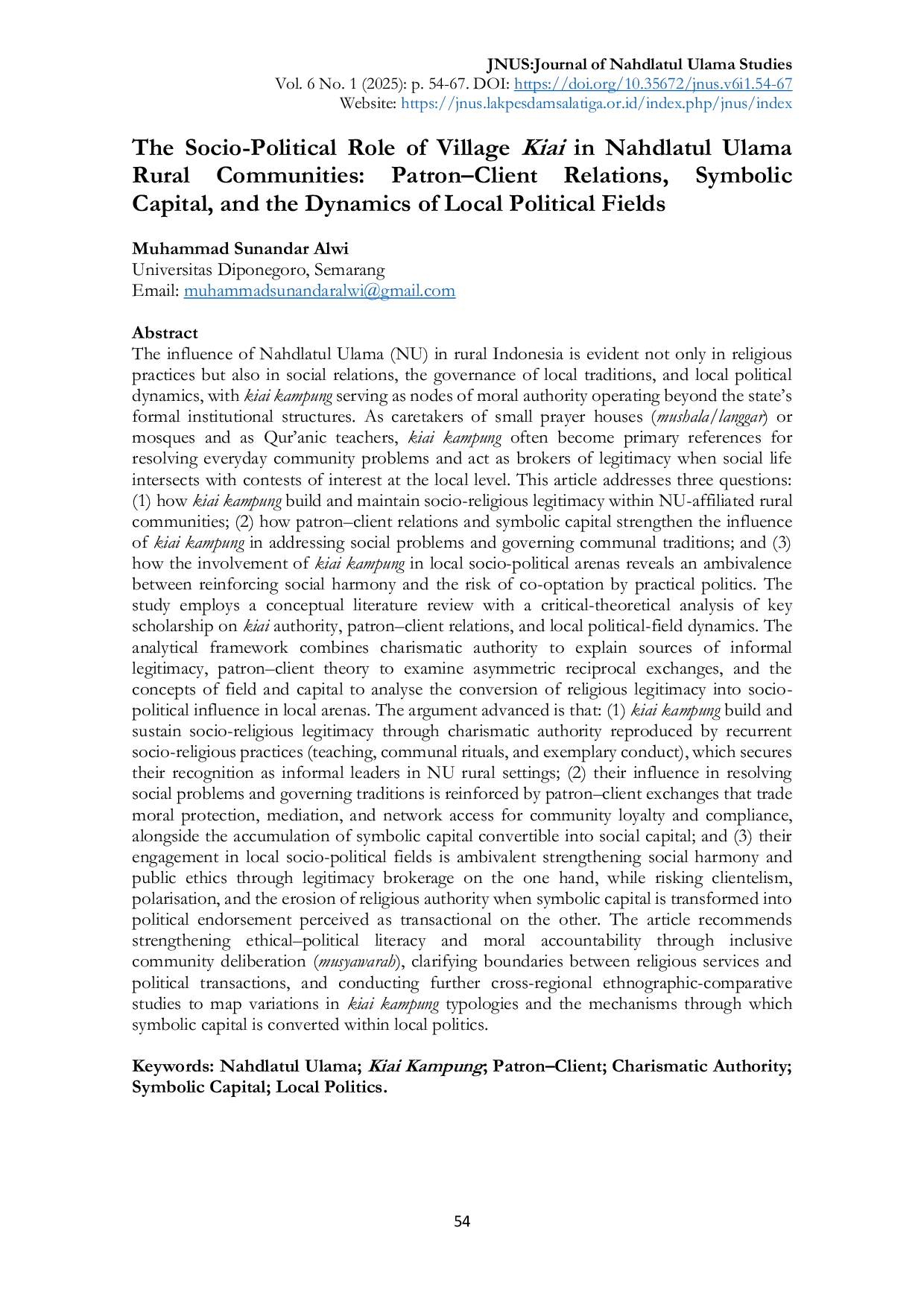 JURIS The Socio Political Role of Village Kiai in Nahdlatul Ulama Rural Communities Patron Client Relations Symbolic Capital and the Dynamics of Local Political Fields
