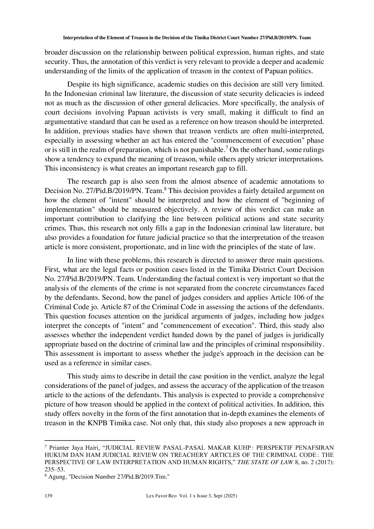 JURIS Interpretation of the Element of Treason in the Decision of the Timika District Court Number 27 Pid B 2019 PN Team