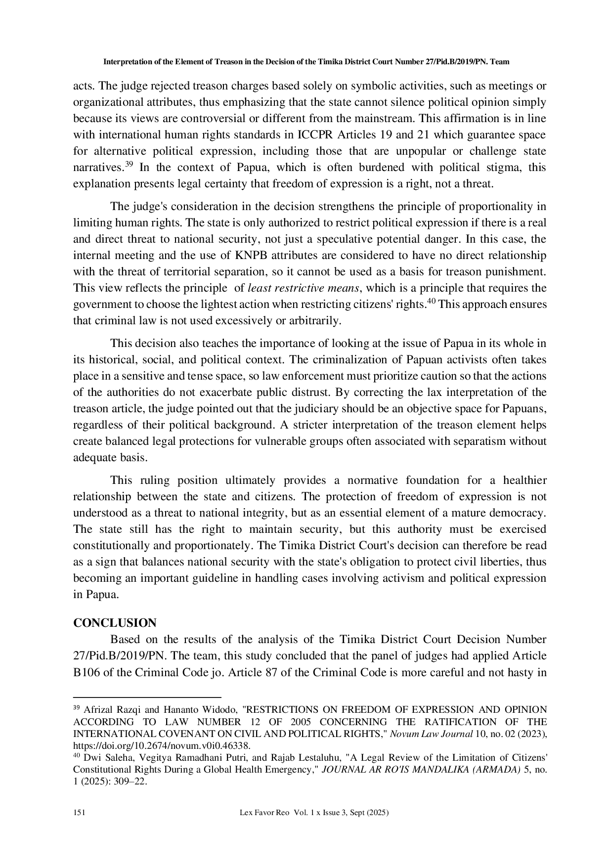 JURIS Interpretation of the Element of Treason in the Decision of the Timika District Court Number 27 Pid B 2019 PN Team
