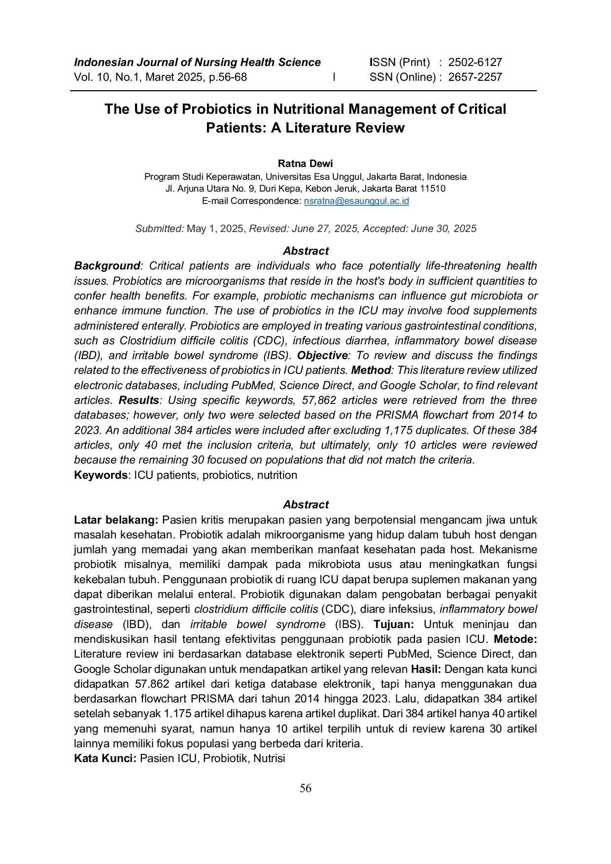 JURIS The Use of Probiotics in Nutritional Management of Critical Patients A Literature Review