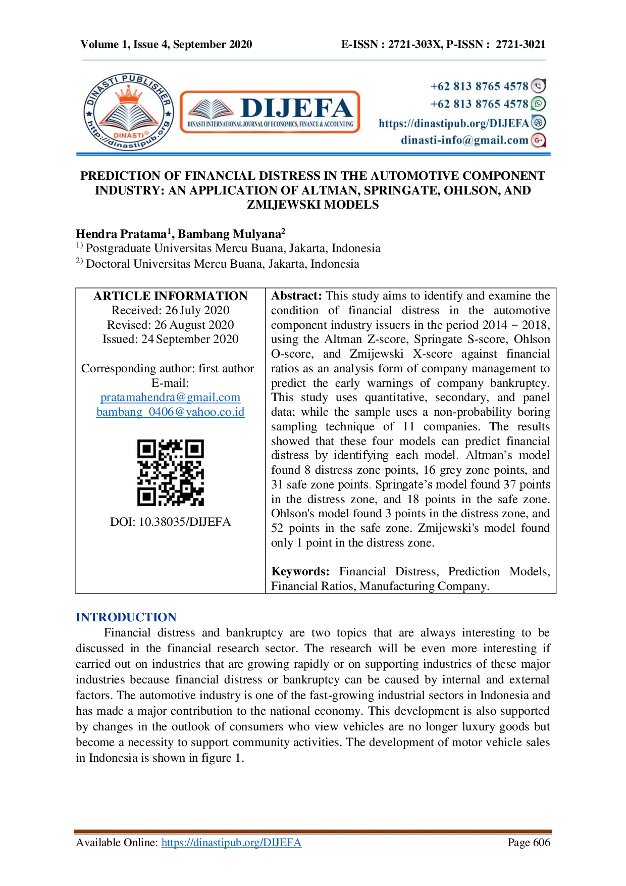 juris Prediksi Kesulitan Keuangan pada Industri Komponen Otomotif Penerapan Model Altman Springate Ohlson dan Zmijewski