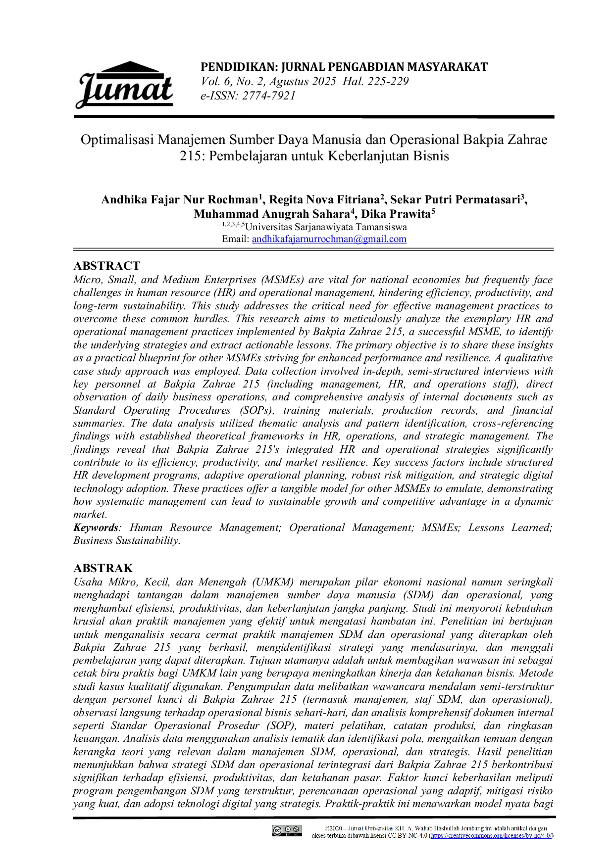 JURIS Optimalisasi Manajemen Sumber Daya Manusia dan Operasional Bakpia Zahrae 215 Pembelajaran untuk Keberlanjutan Bisnis