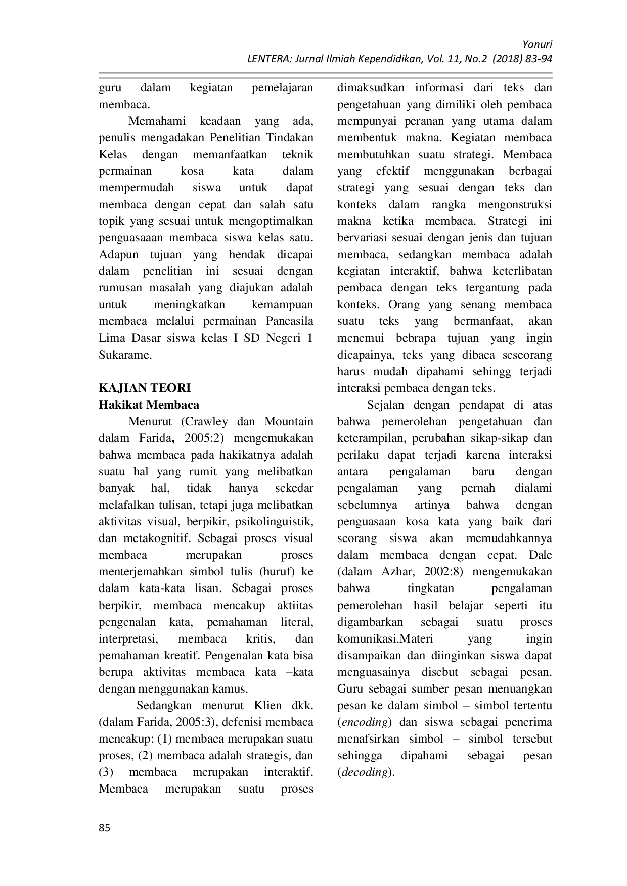 JURIS Peningkatan Kemampuan Membaca Melalui Permainan Pancasila Lima Dasar Pada Siswa Kelas 1 SDN 4 Kotakarang