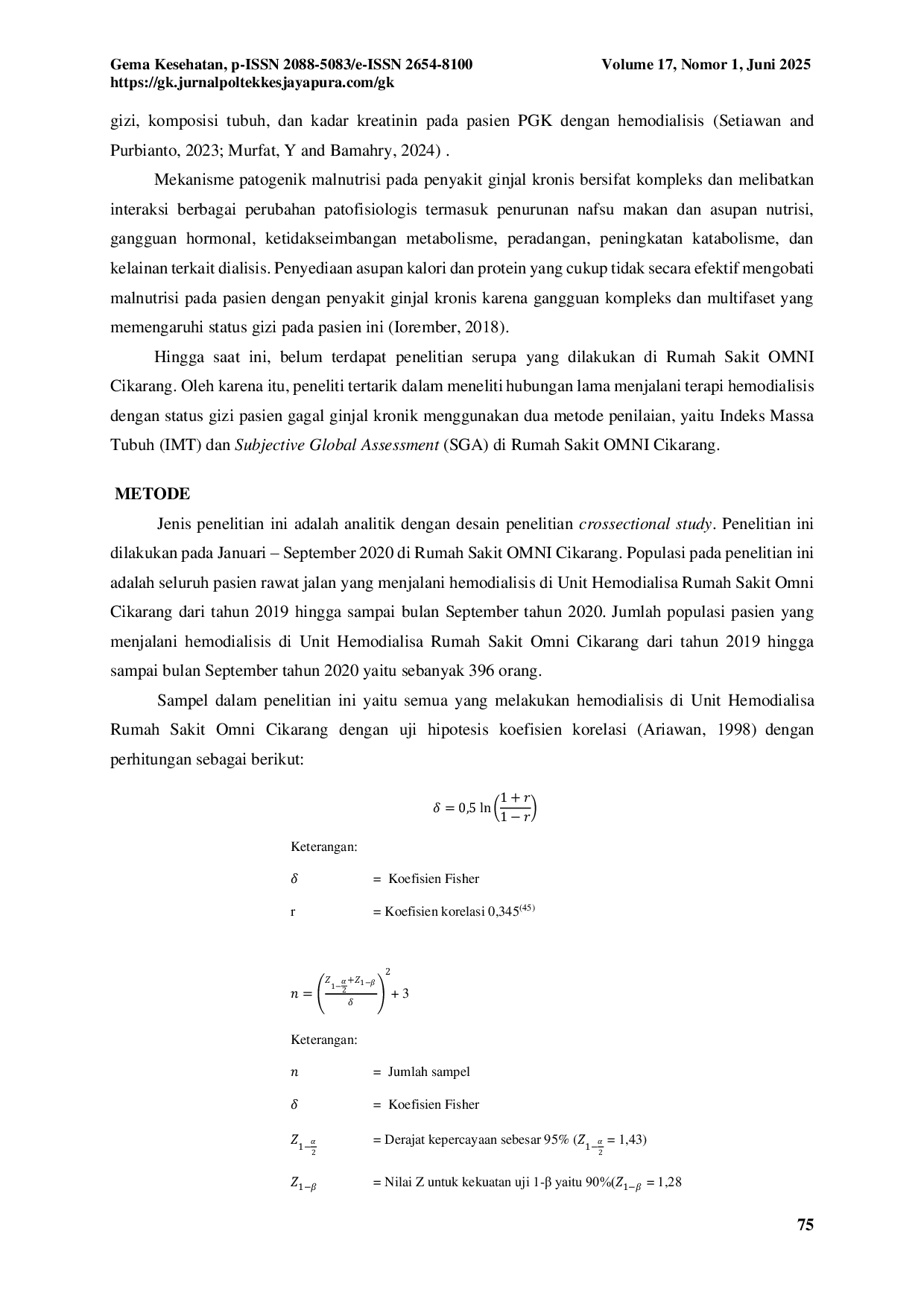 JURIS Homeostasis Status Gizi Pasien Penyakit Ginjal Kronis yang Menjalani Hemodialisis