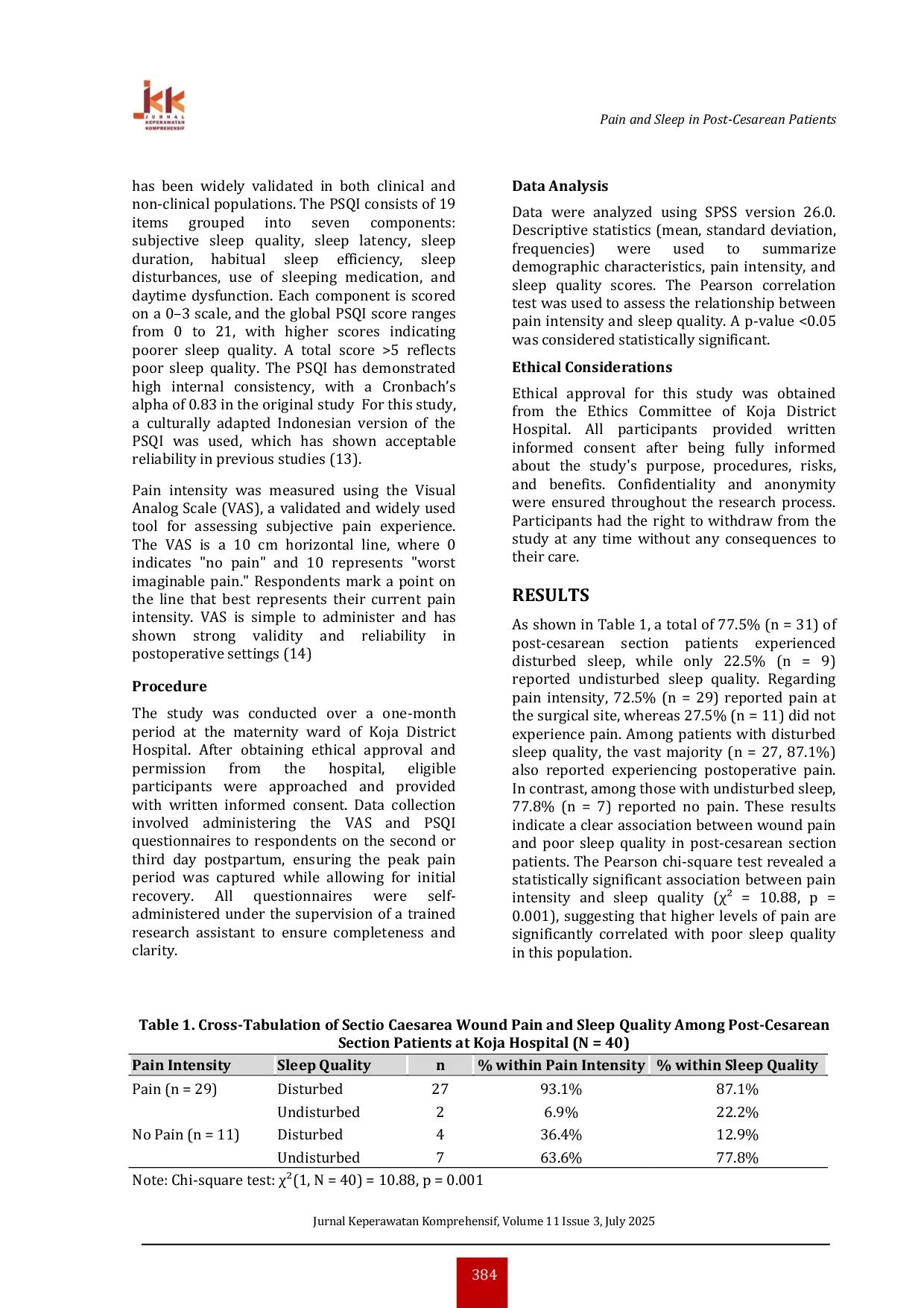 JURIS The Relationship Between Postoperative Pain and Sleep Quality in Cesarean Section Patients at Koja Hospital