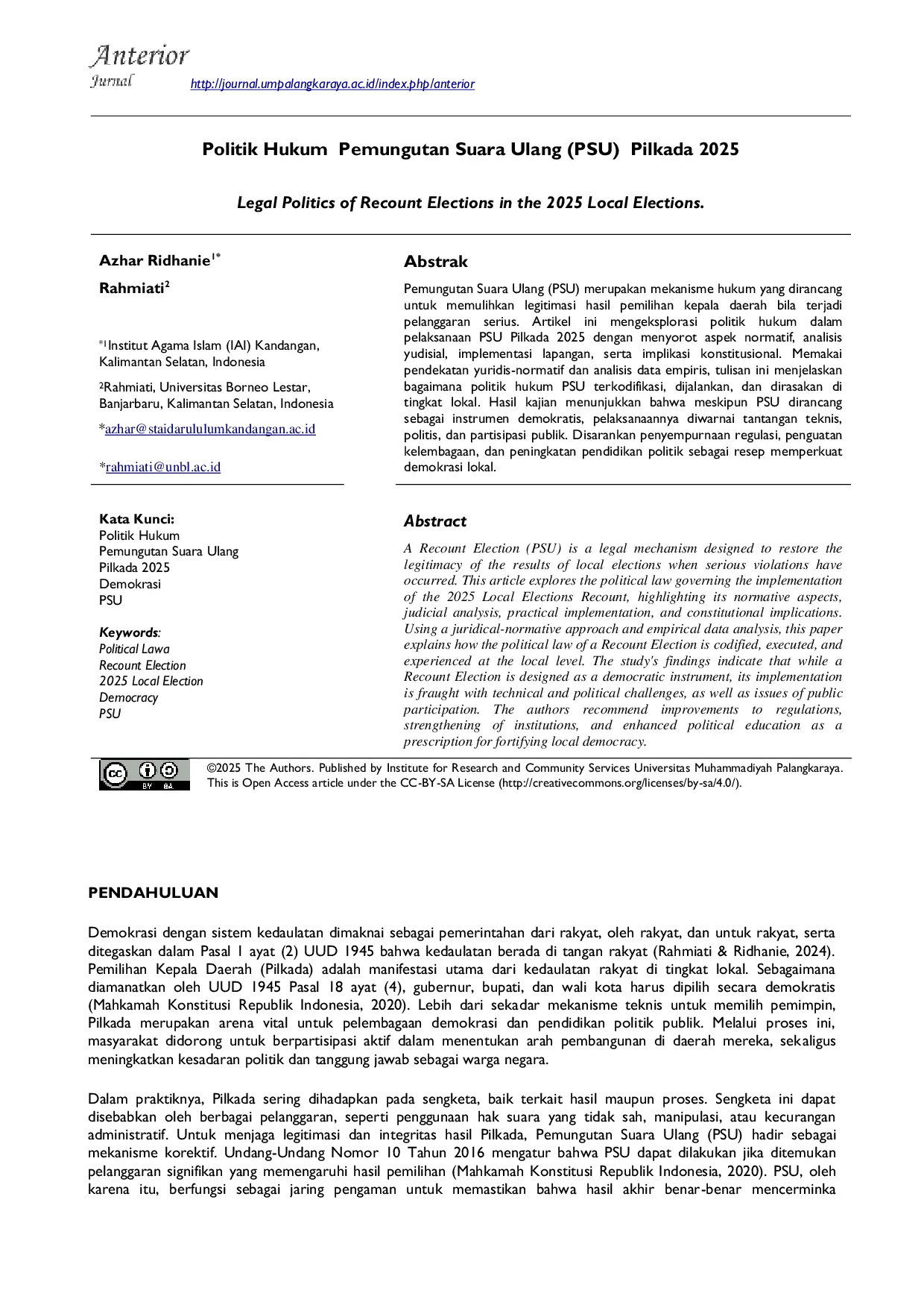 JURIS Politik Hukum Pemungutan Suara Ulang PSU Pilkada 2025